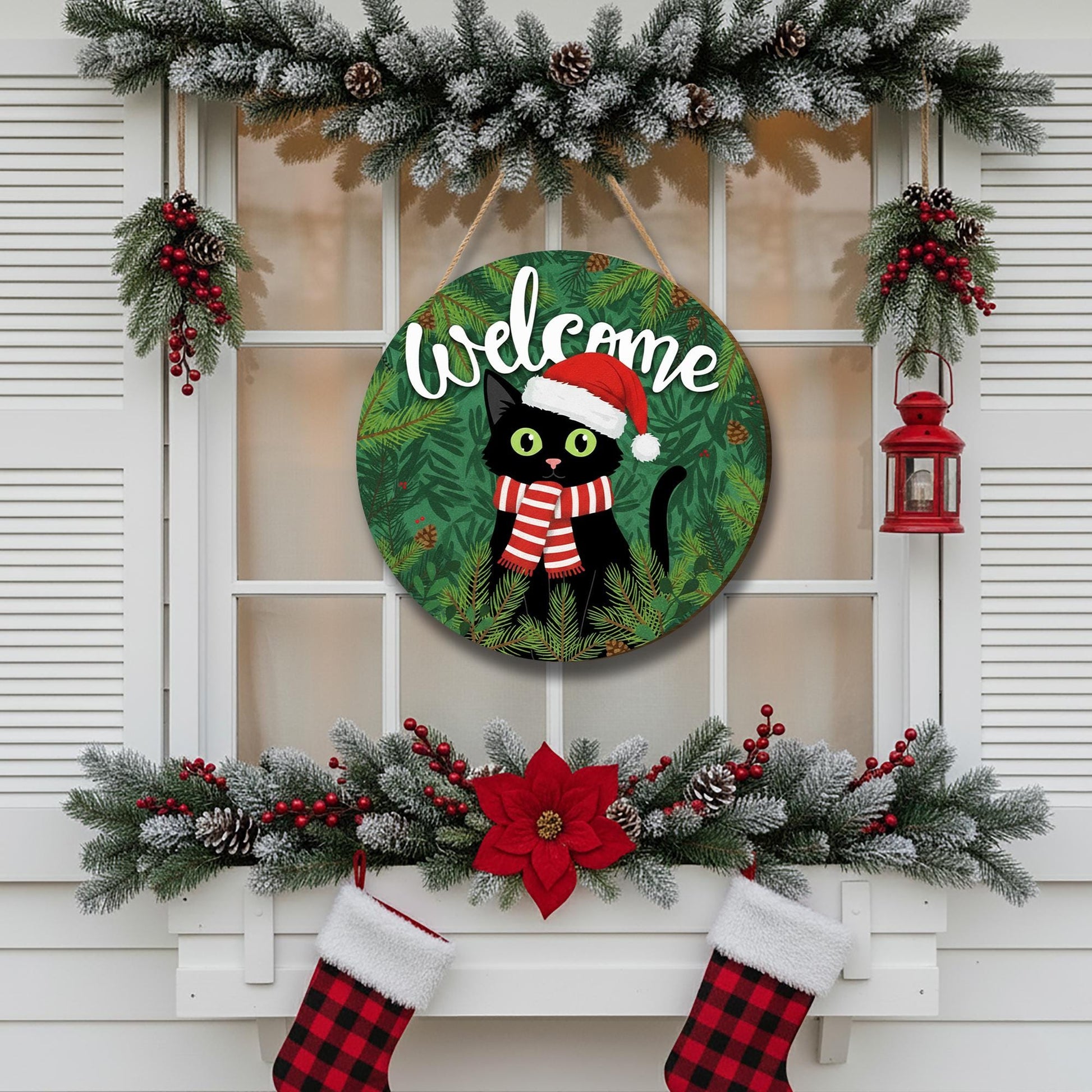 Christmas Cat Welcome Sign – Holiday Wooden Door Decor