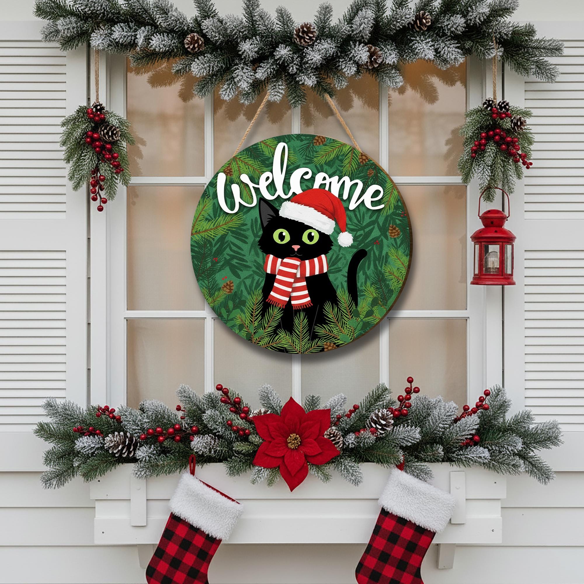 Christmas Cat Welcome Sign – Holiday Wooden Door Decor