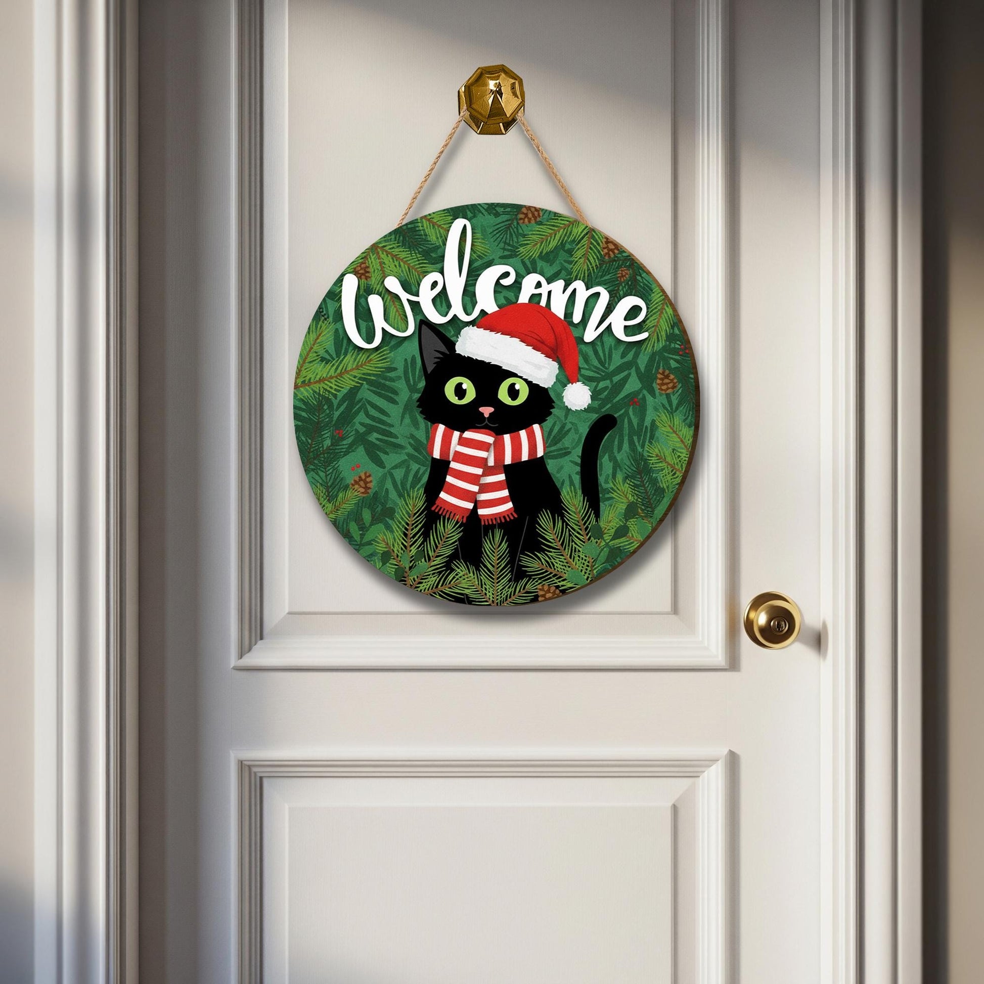Christmas Cat Welcome Sign – Holiday Wooden Door Decor