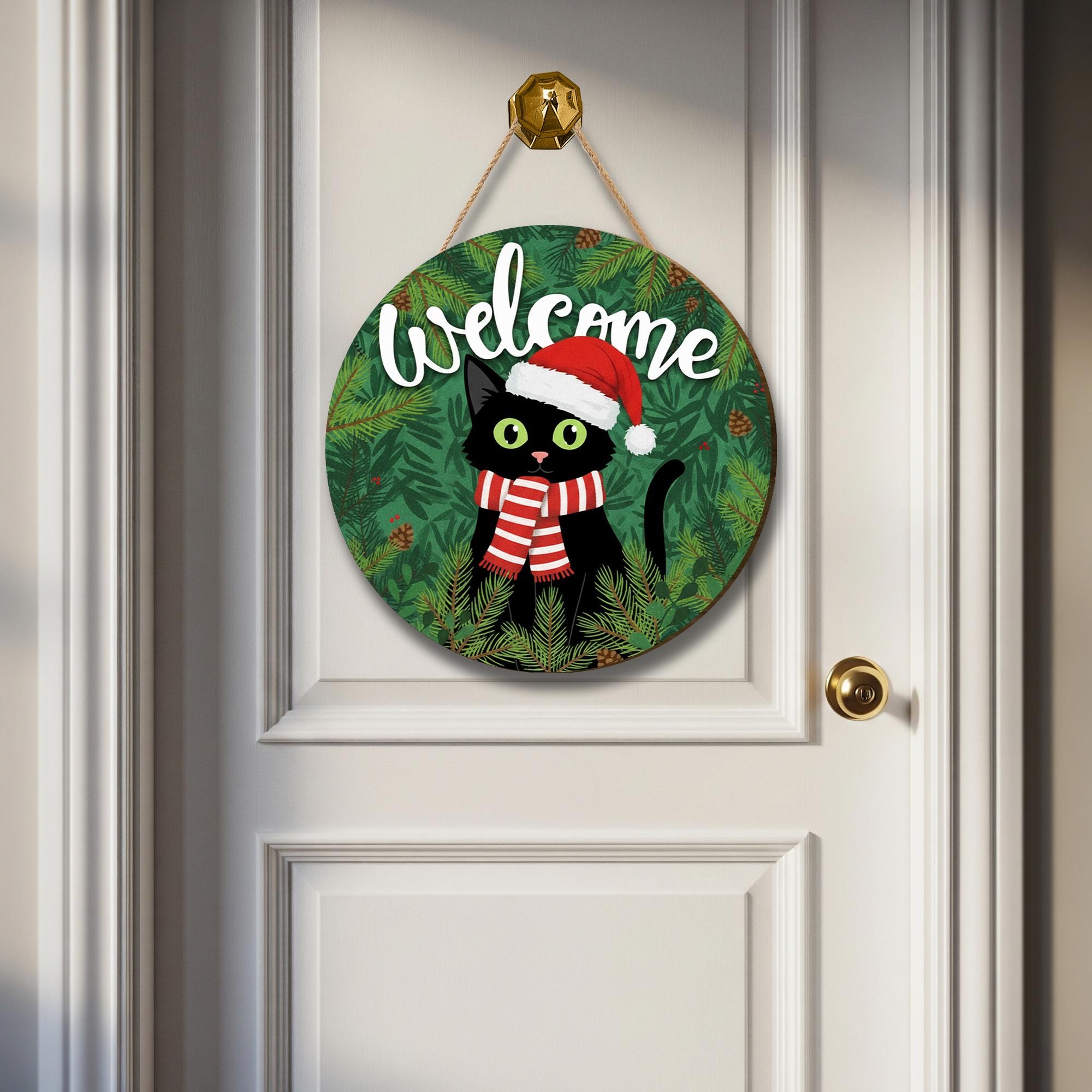 Christmas Cat Welcome Sign – Holiday Wooden Door Decor