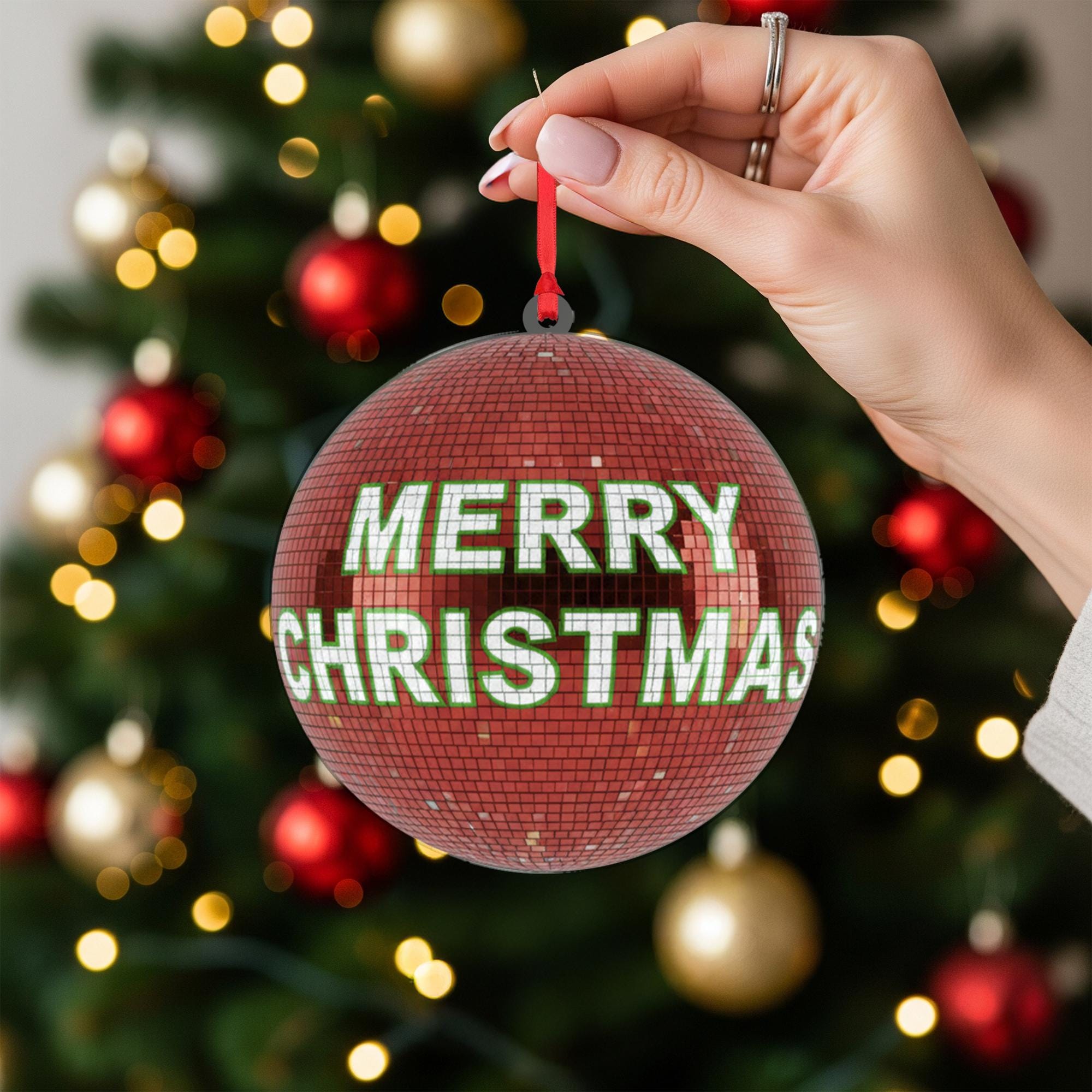Christmas Ball Ornament – Red Disco Style with Merry Christmas Text Decoration