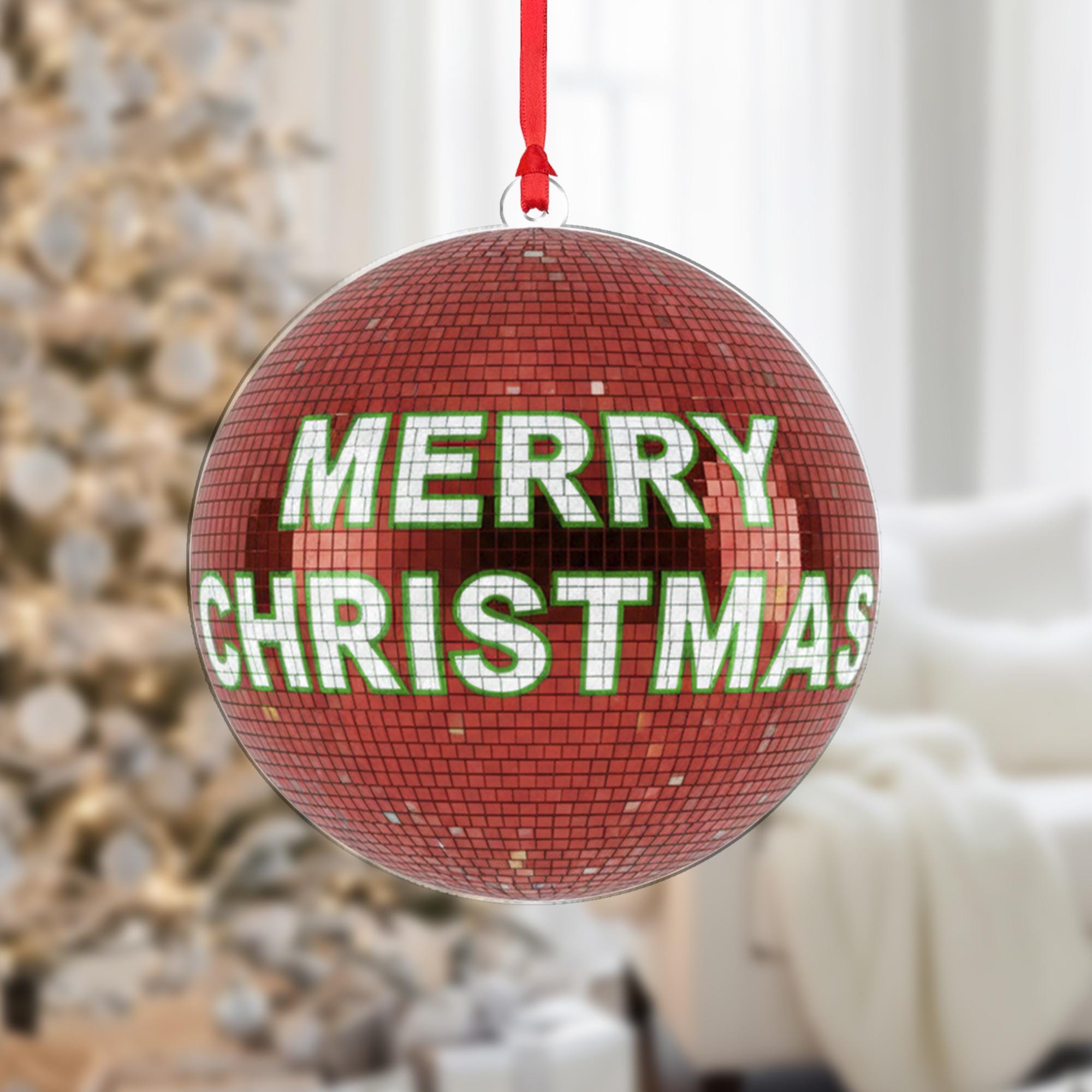Christmas Ball Ornament – Red Disco Style with Merry Christmas Text Decoration