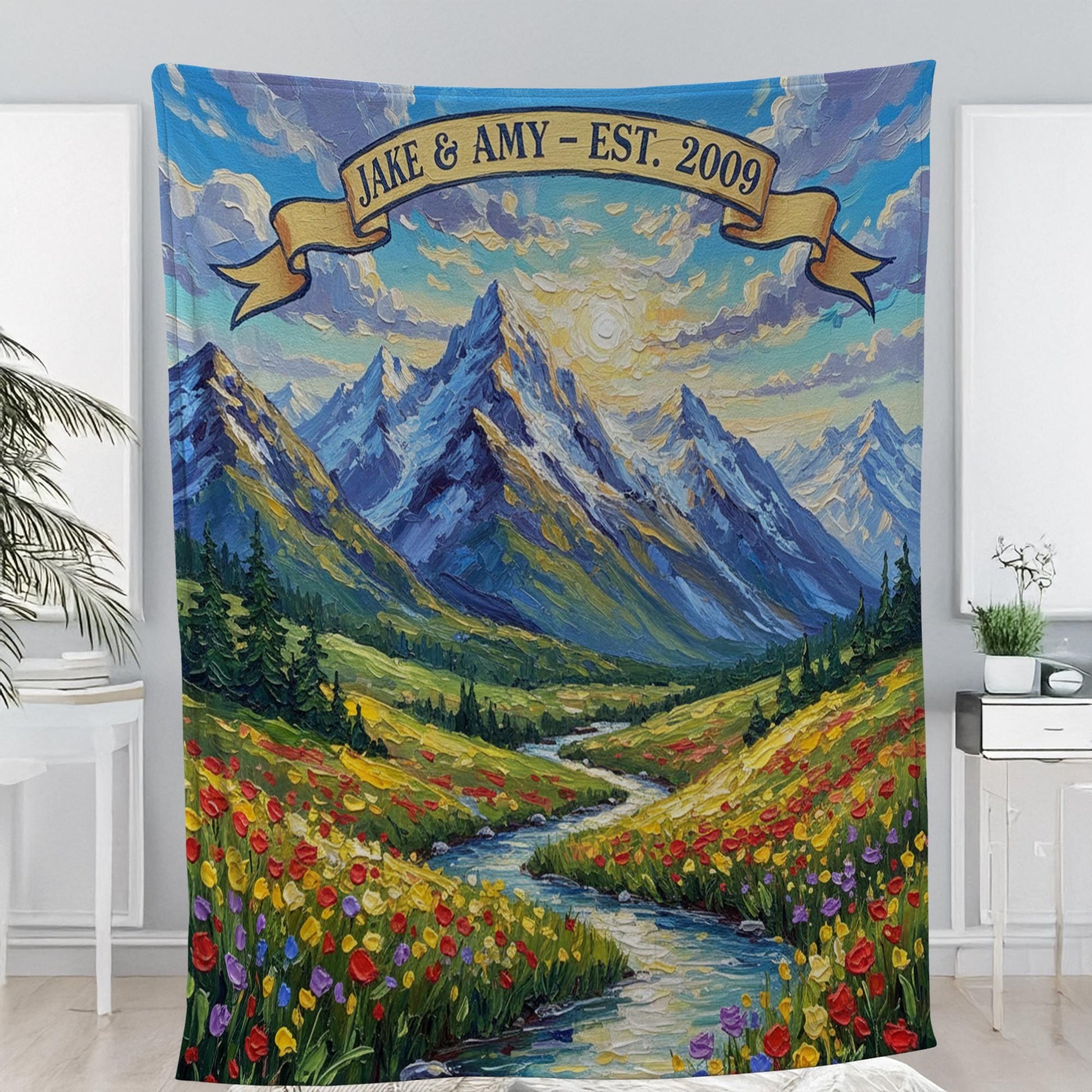 Personalized Mountain Landscape Blanket – Custom Name & Date Adventure Throw, Anniversary Gift
