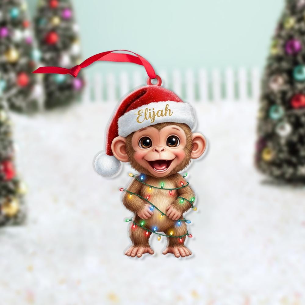 Personalized Monkey Christmas Ornament: Custom Name Santa Hat Decoration