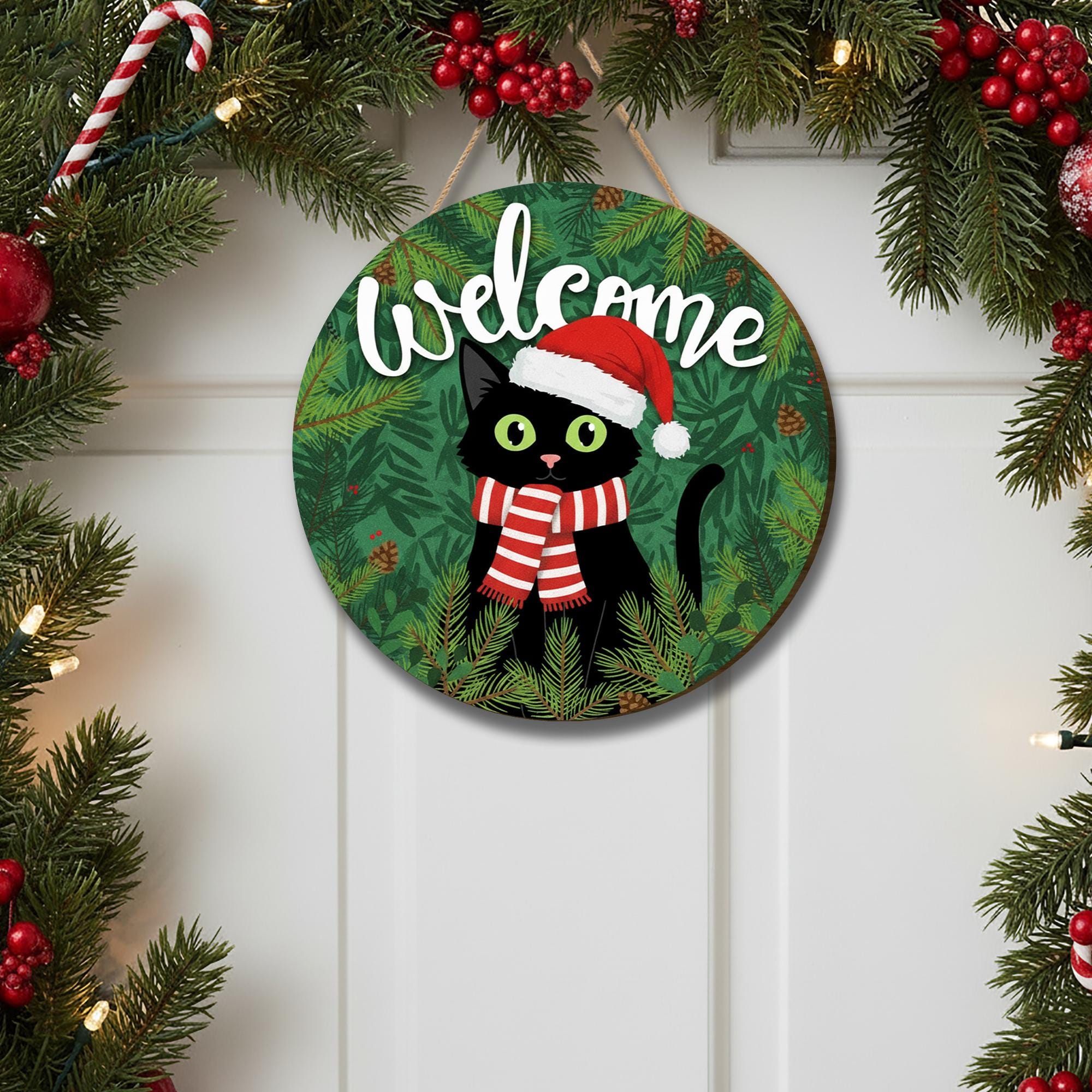 Christmas Cat Welcome Sign – Holiday Wooden Door Decor