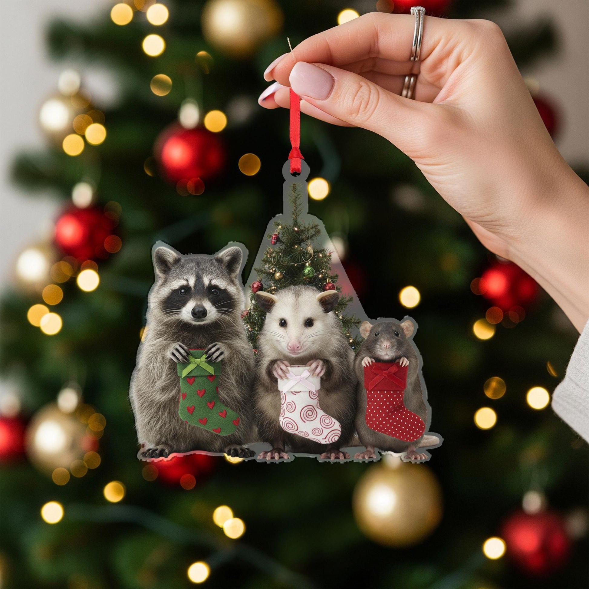 Woodland Animal Christmas Ornament – Raccoon, Opossum, and Rat with Stockings Decoration