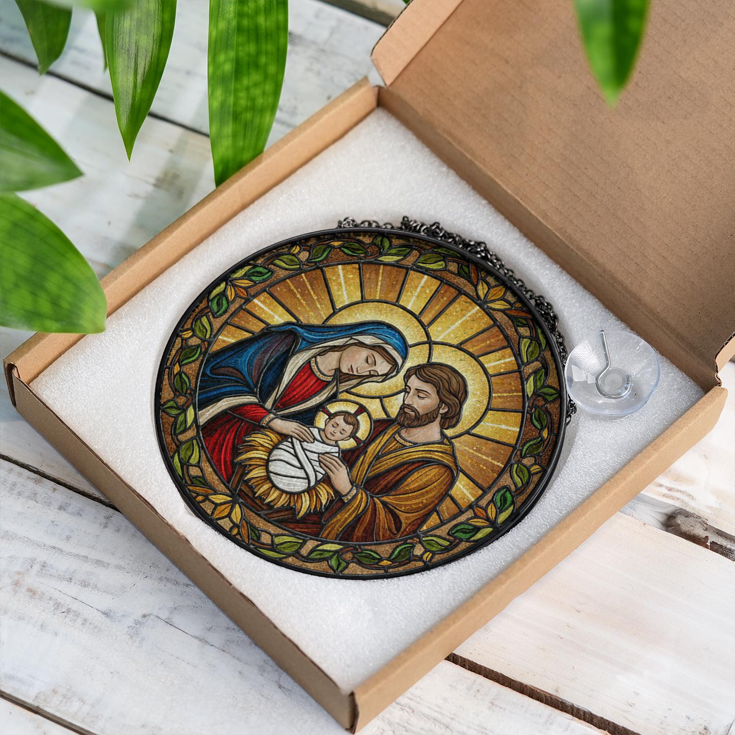 Holy Family Glass Suncatcher – Christian Window Hanging Decoration with Nativity Faux Stained Glass Design