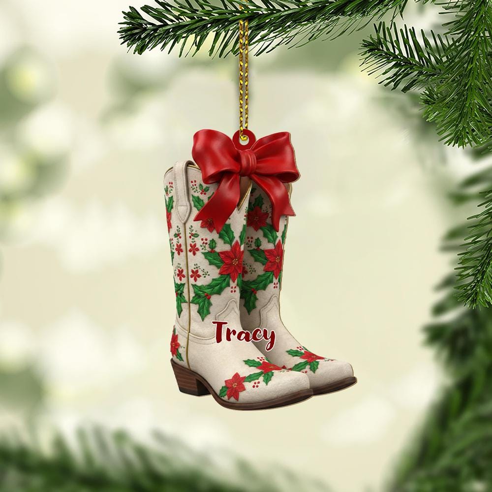 Personalized Cowboy Boot Christmas Ornament with Poinsettia Design and Custom Name