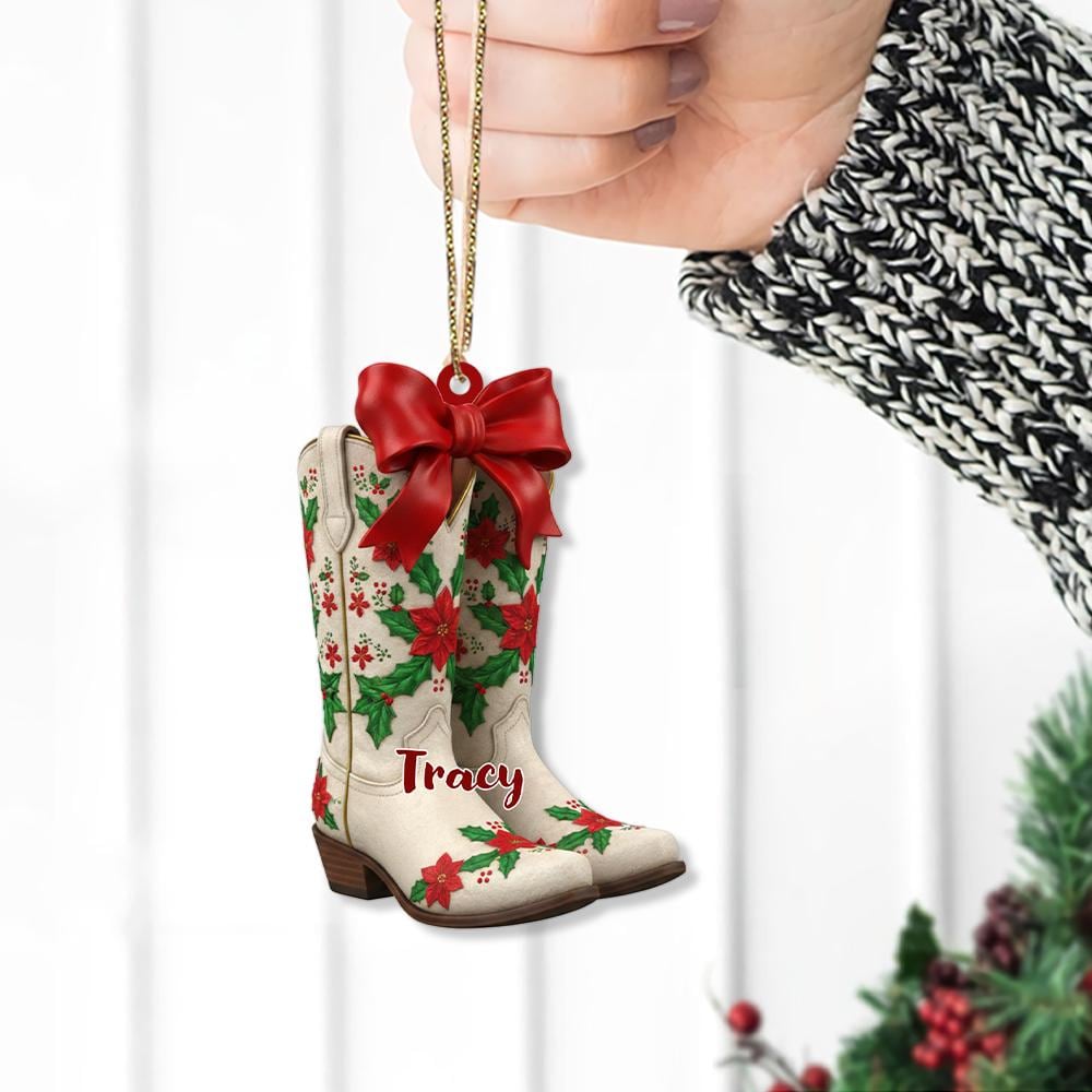 Personalized Cowboy Boot Christmas Ornament with Poinsettia Design and Custom Name