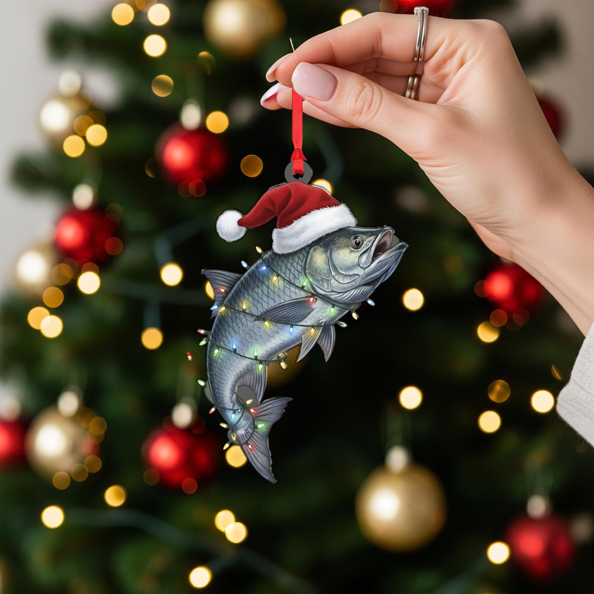 Fish Christmas Ornament – Santa Hat and Holiday Lights Hanging Decoration