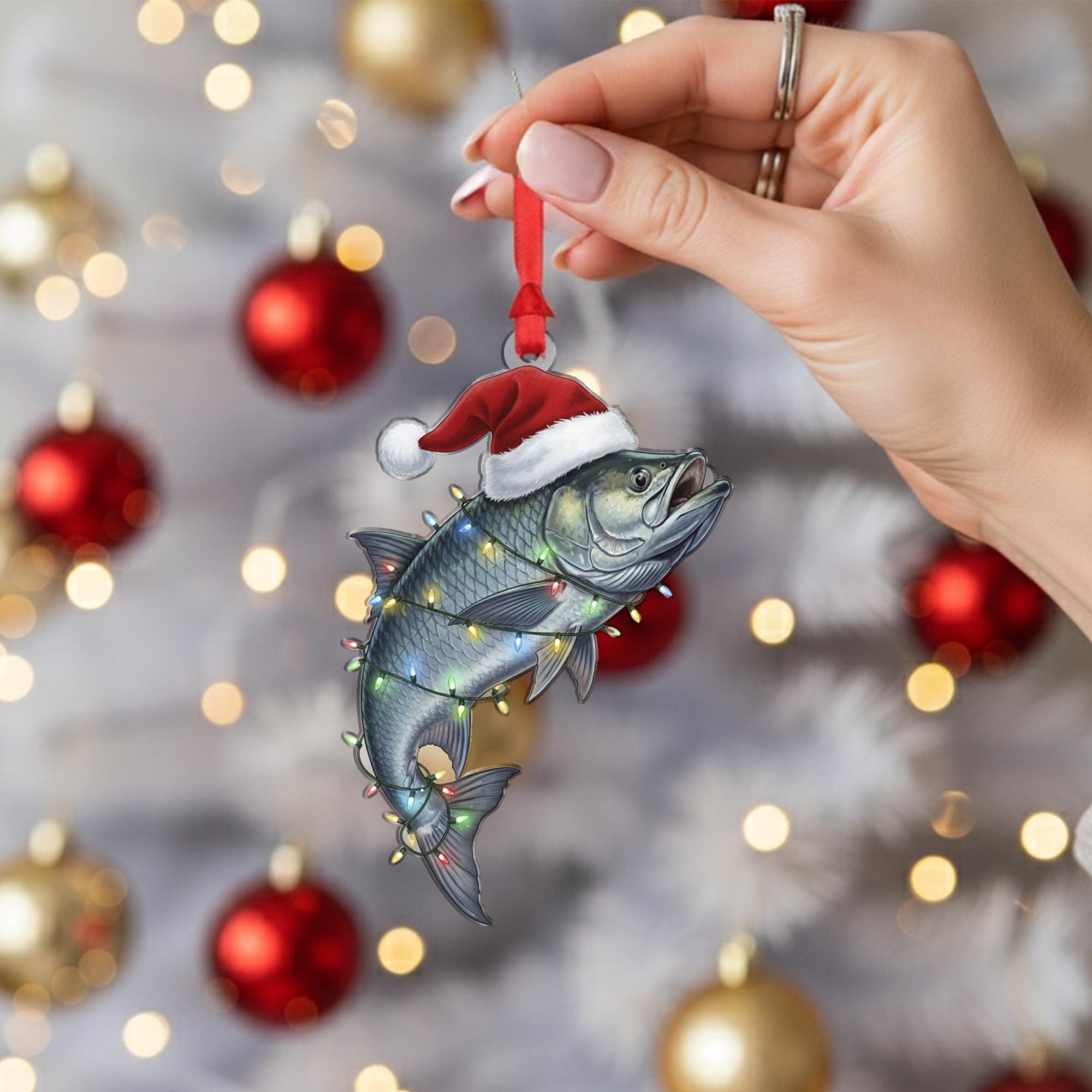 Fish Christmas Ornament – Santa Hat and Holiday Lights Hanging Decoration