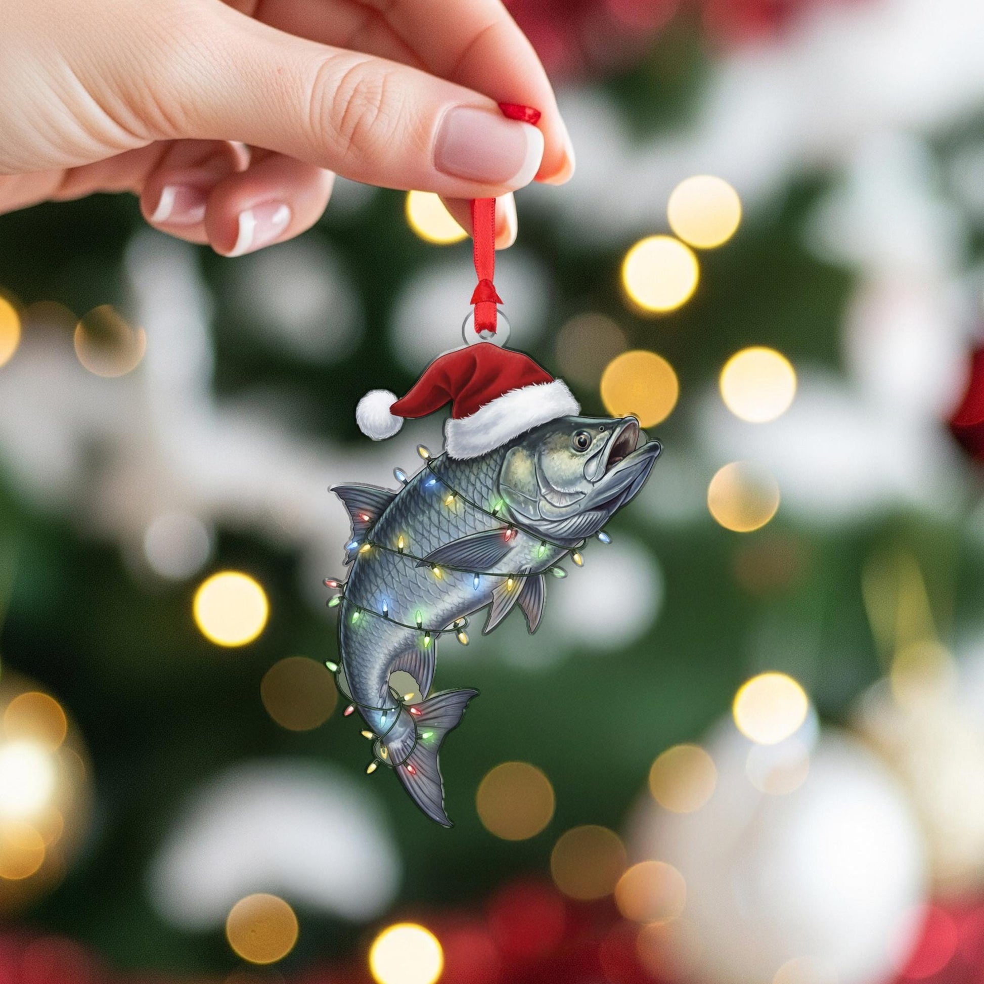 Fish Christmas Ornament – Santa Hat and Holiday Lights Hanging Decoration