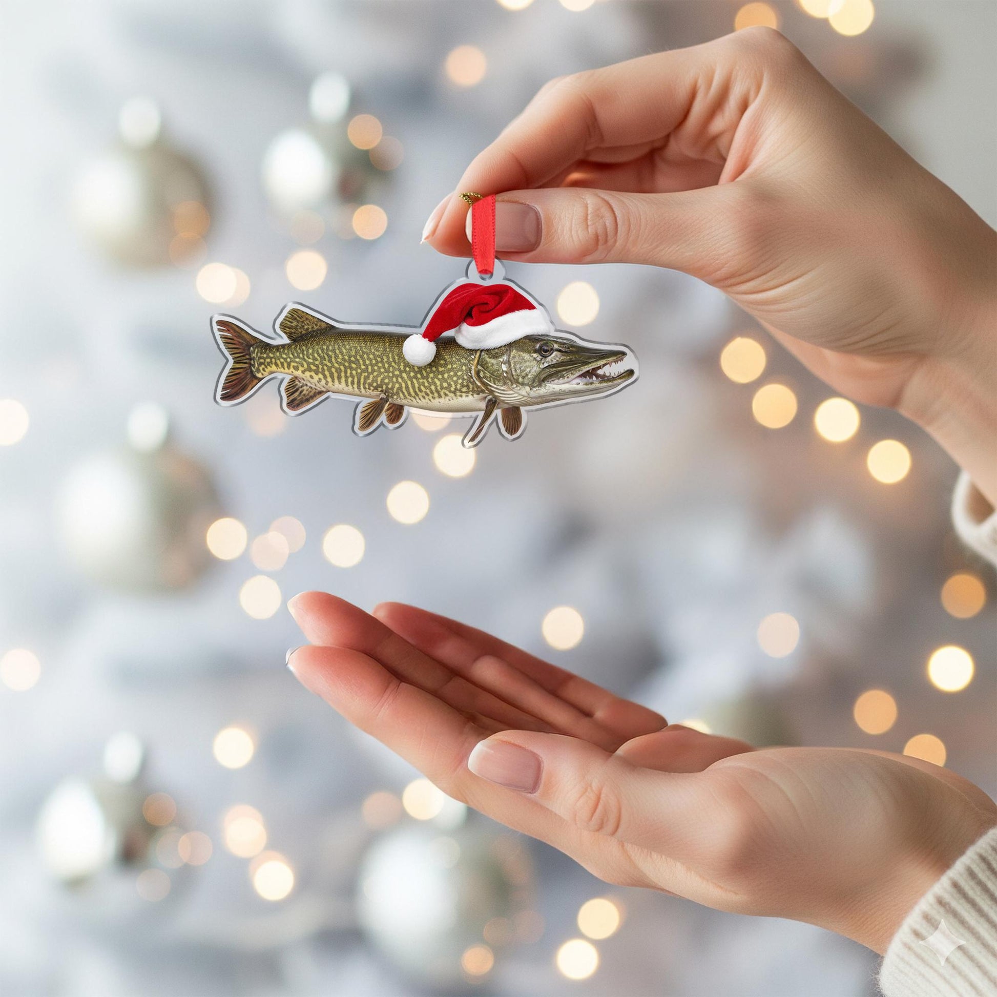 Muskie Fish Christmas Ornament – Santa Hat Holiday Tree Decoration