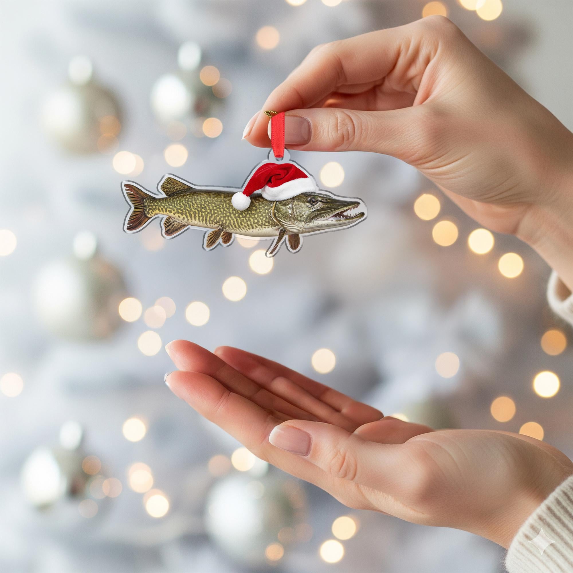 Muskie Fish Christmas Ornament – Santa Hat Holiday Tree Decoration