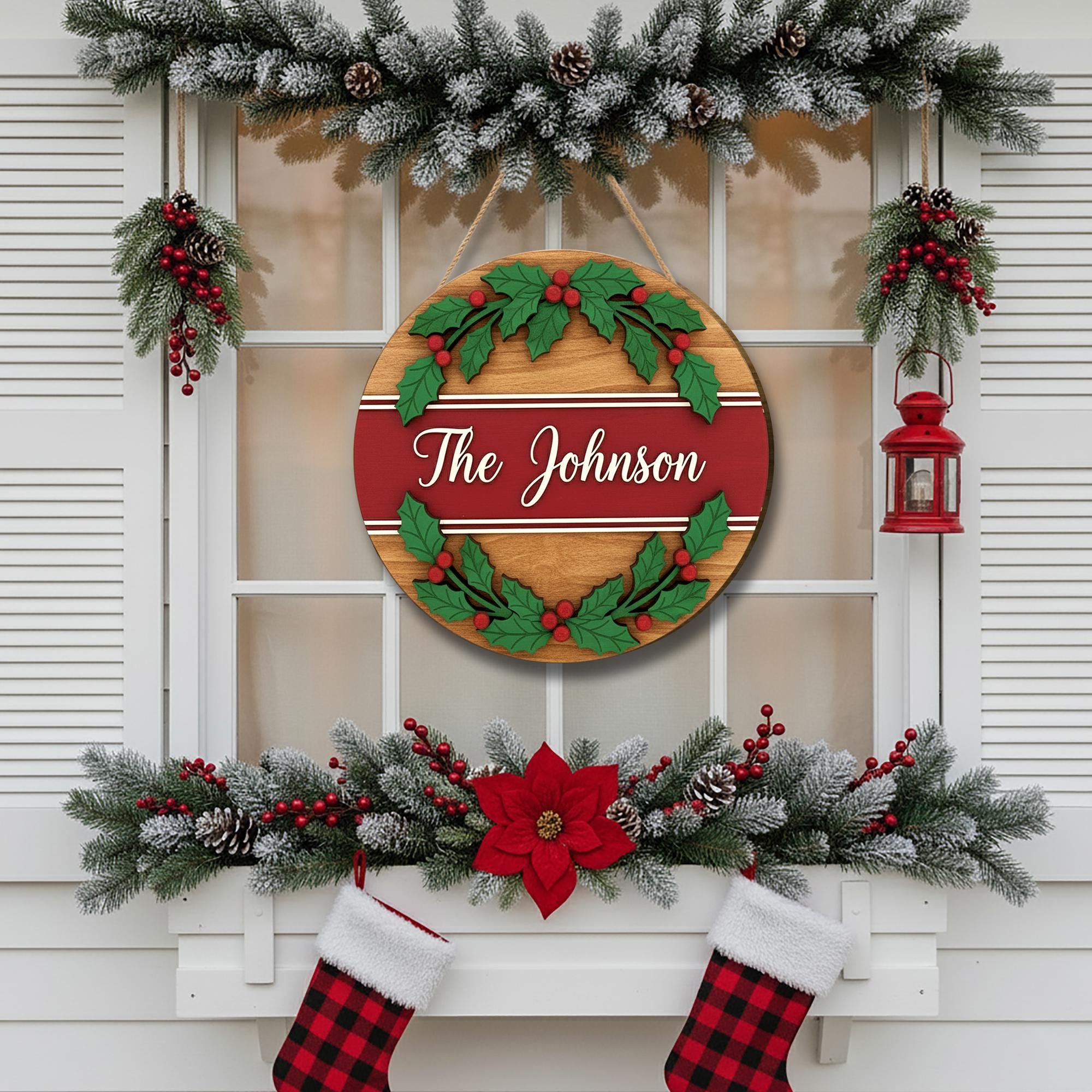 Personalized Family Christmas Holly Tree Wooden Sign – Holiday Door Decor