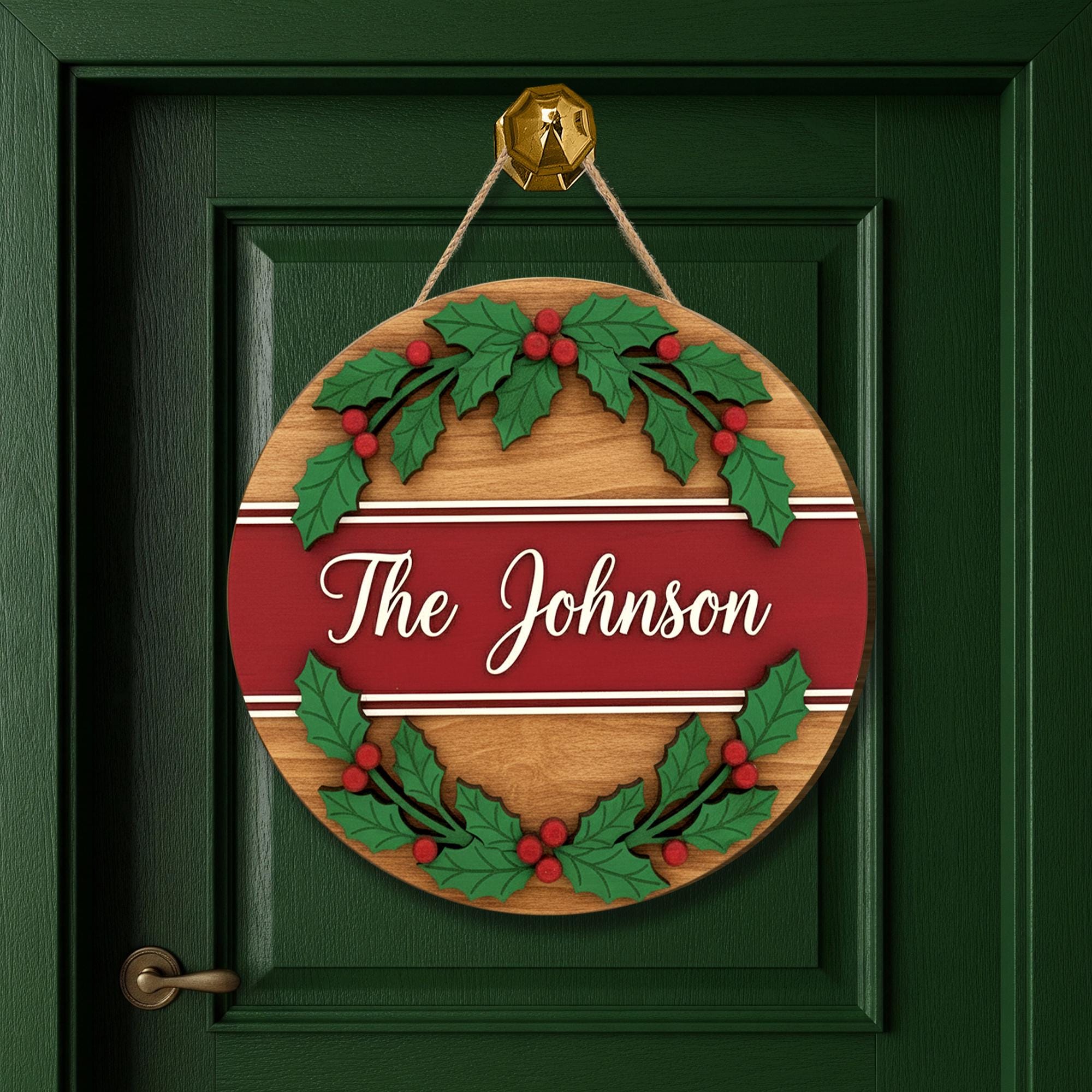 Personalized Family Christmas Holly Tree Wooden Sign – Holiday Door Decor