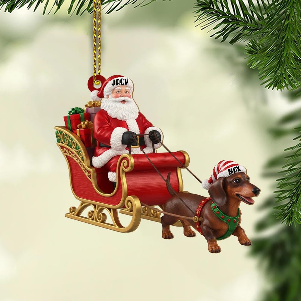 Custom Santa Sleigh Ornament with Dachshund Dog and Personalized Hats