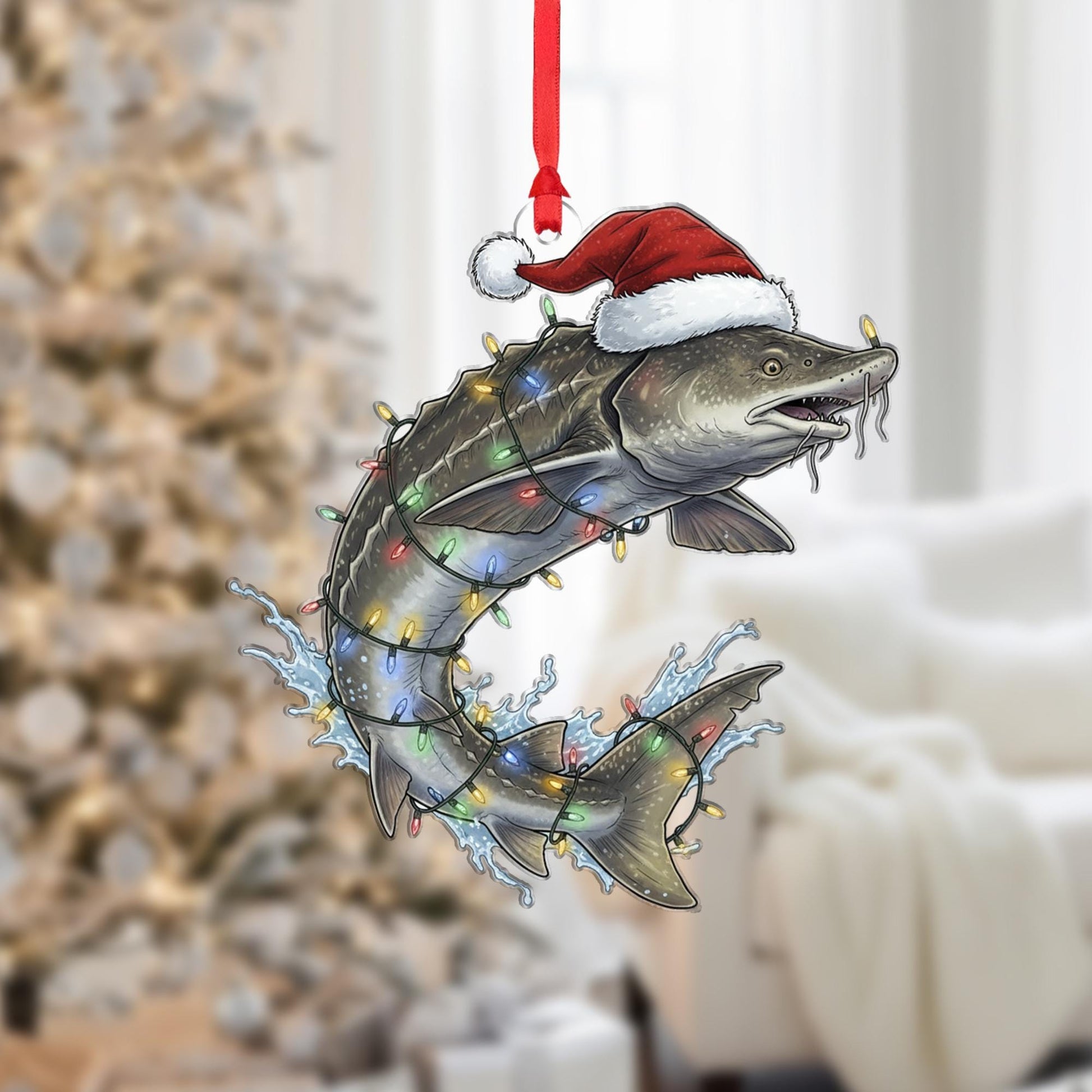 White Sturgeon Christmas Ornament – Santa Hat and Holiday Lights Tree Decoration