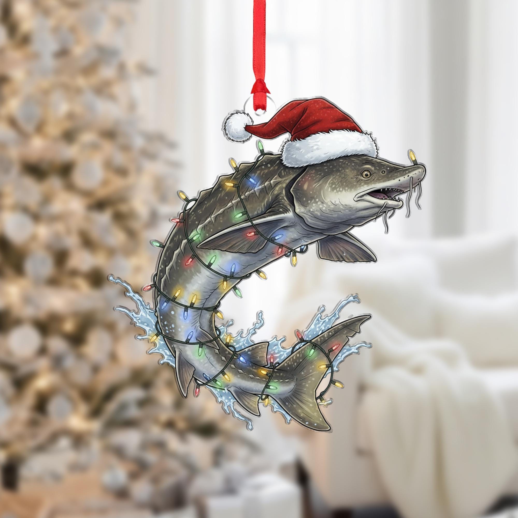 White Sturgeon Christmas Ornament – Santa Hat and Holiday Lights Tree Decoration
