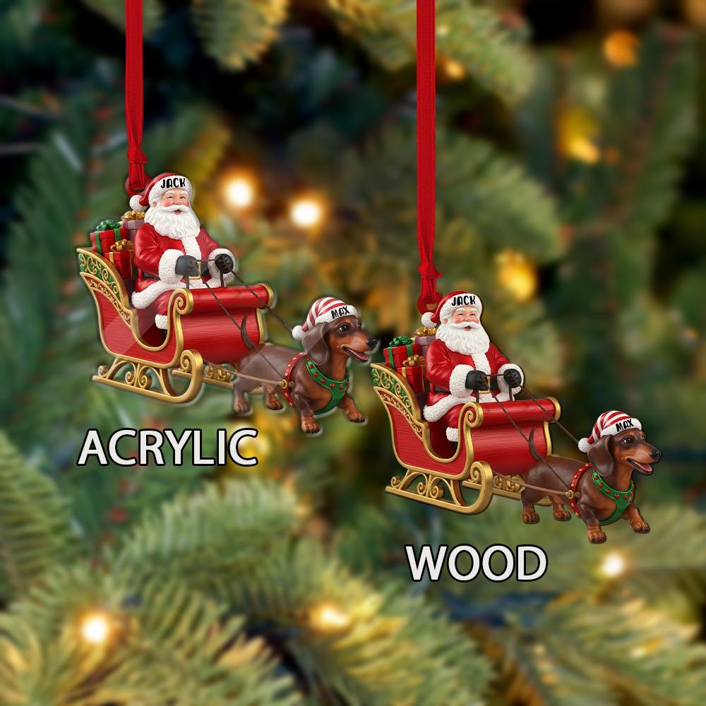 Custom Santa Sleigh Ornament with Dachshund Dog and Personalized Hats
