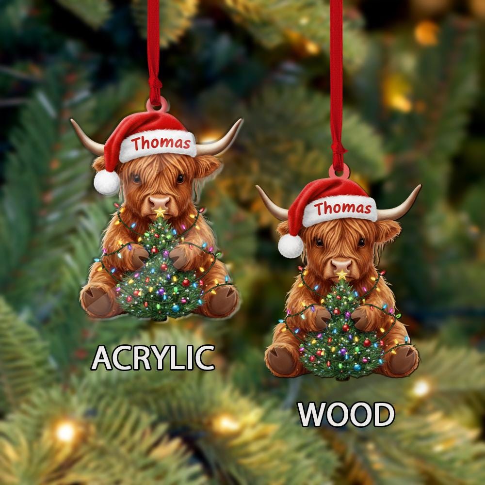 Personalized Highland Cow Christmas Ornament – Custom Name Farm Animal Holiday Decoration