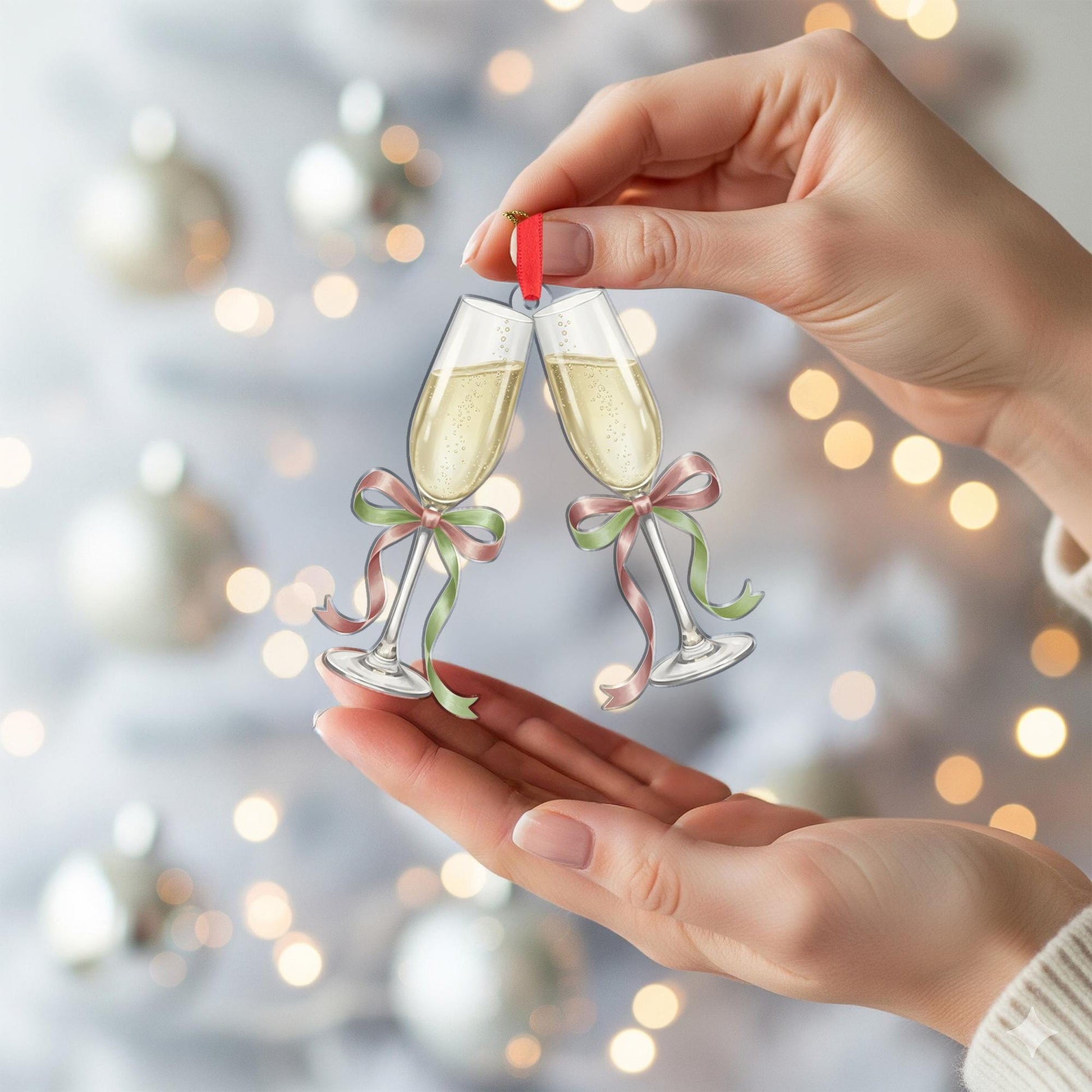Champagne Glasses Christmas Ornament – Clinking Flutes with Bows Holiday Decoration