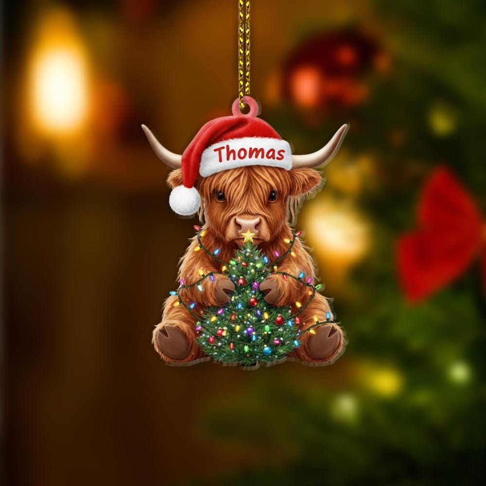 Personalized Highland Cow Christmas Ornament – Custom Name Farm Animal Holiday Decoration