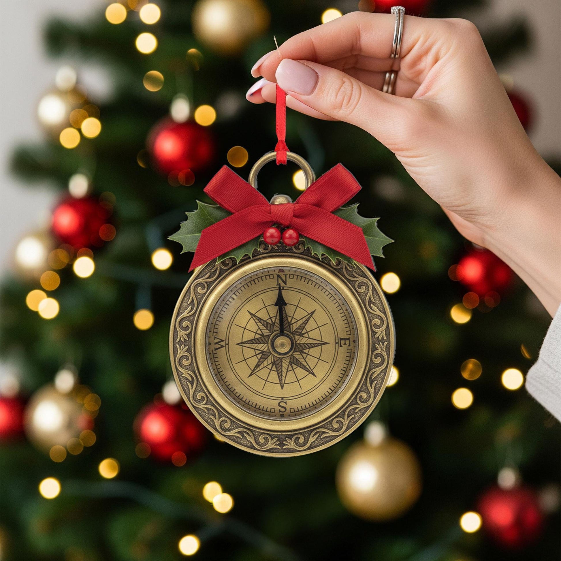 Compass Christmas Ornament – Vintage Style with Holly and Bow Tree Decoration