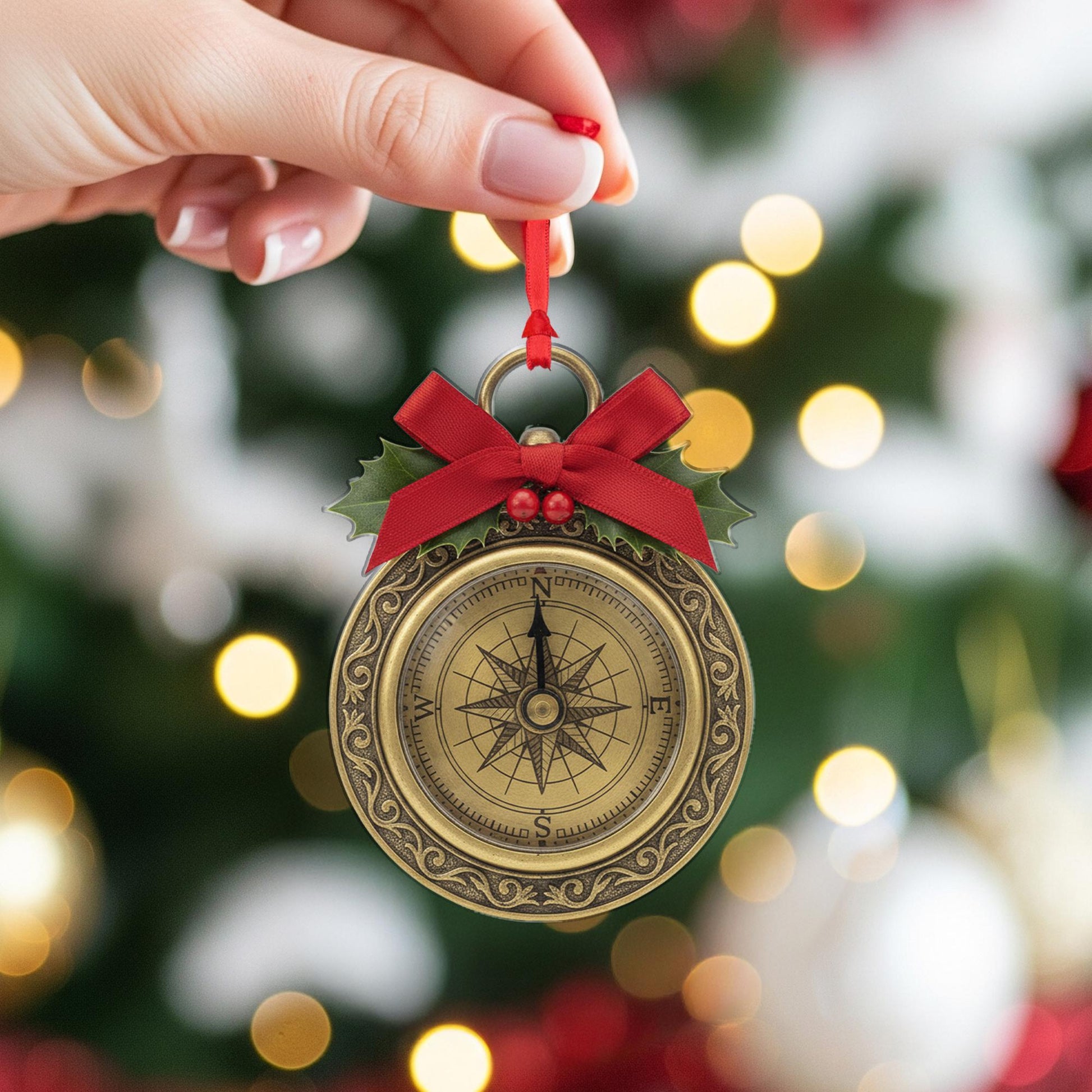 Compass Christmas Ornament – Vintage Style with Holly and Bow Tree Decoration