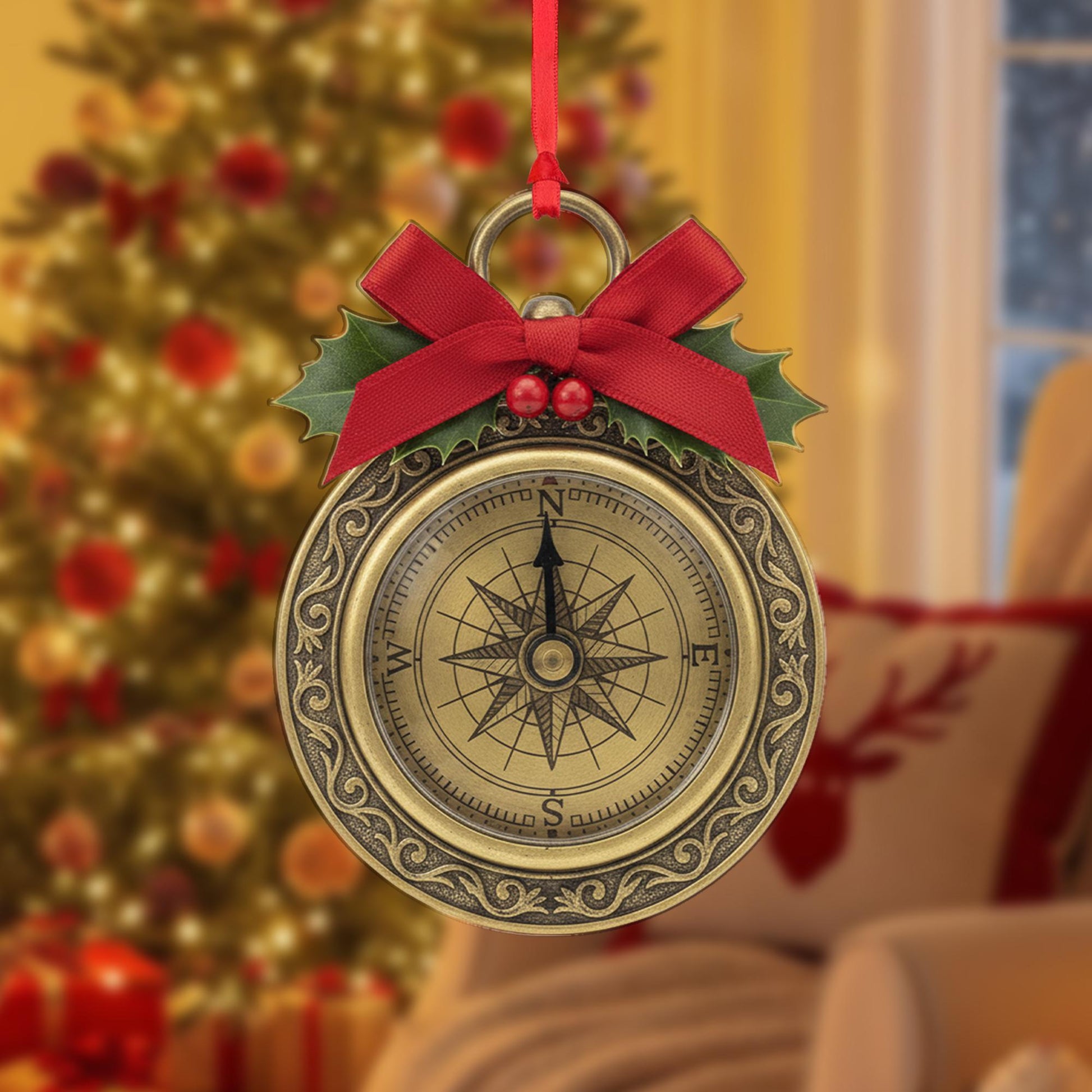 Compass Christmas Ornament – Vintage Style with Holly and Bow Tree Decoration