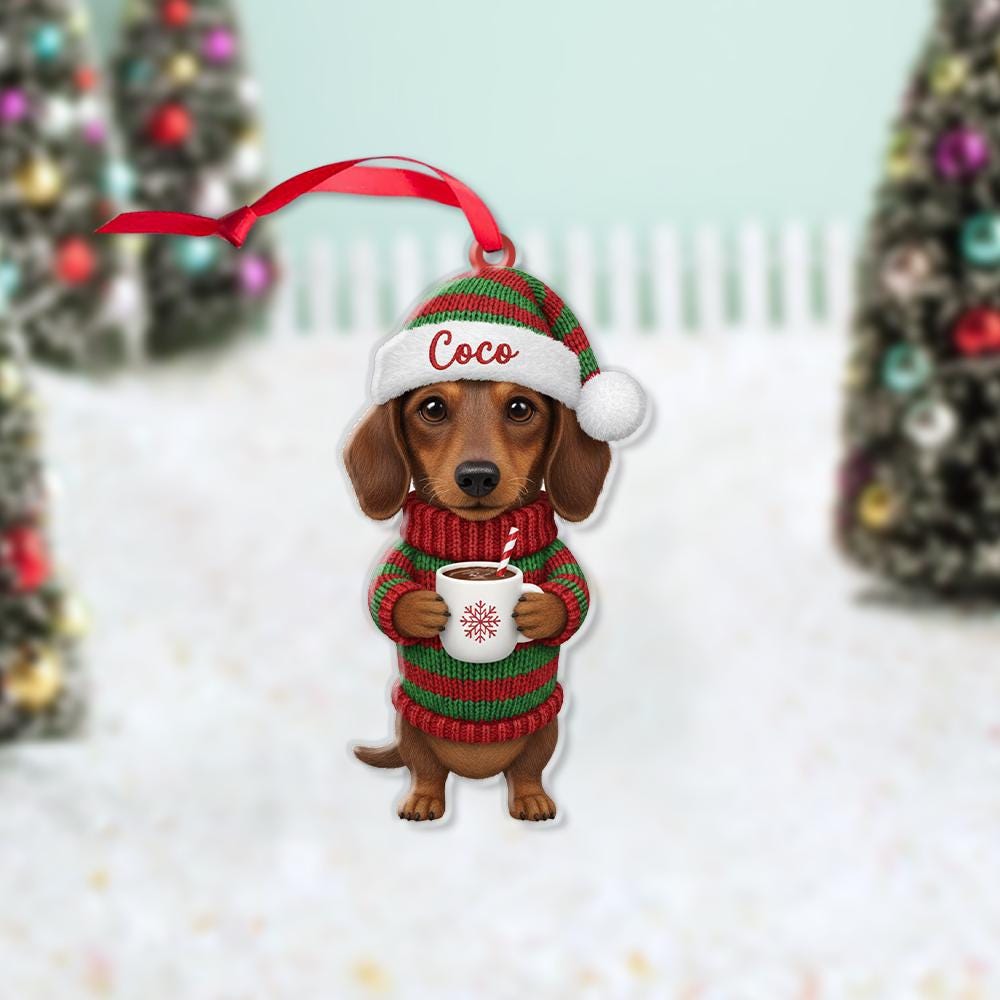 Personalized Dachshund Christmas Ornament – Custom Name Dog Holiday Decoration with Sweater & Santa Hat