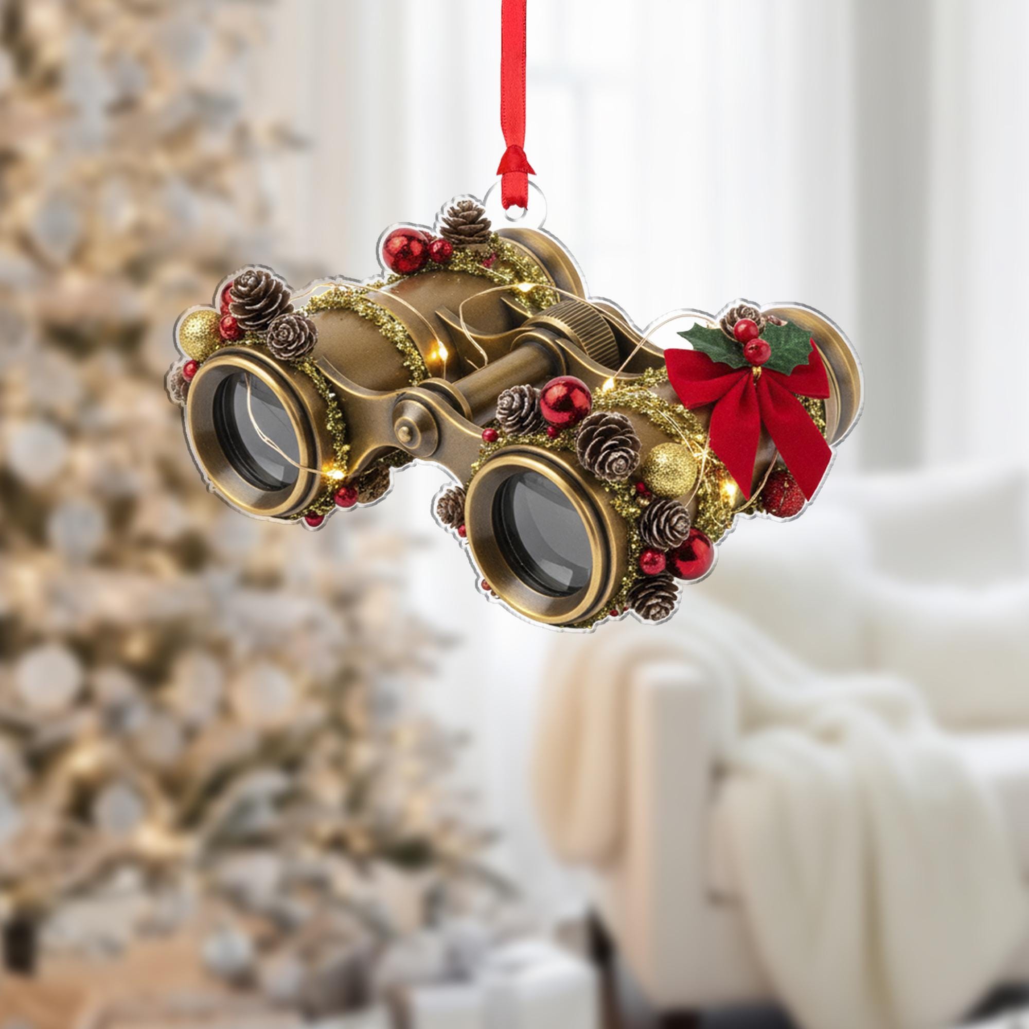 Binoculars Christmas Ornament – Vintage Style with Holly and Pinecone Tree Decoration
