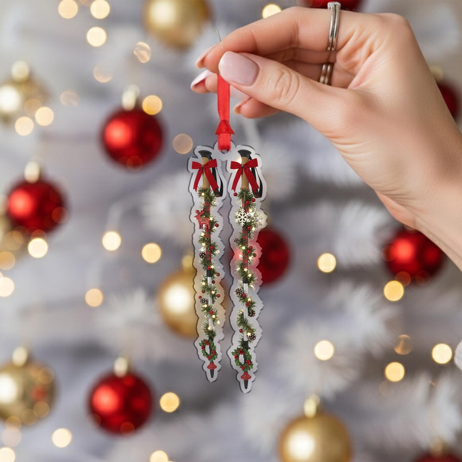 Ski Christmas Ornament – Garland with Bows and Snowflakes Tree Decoration