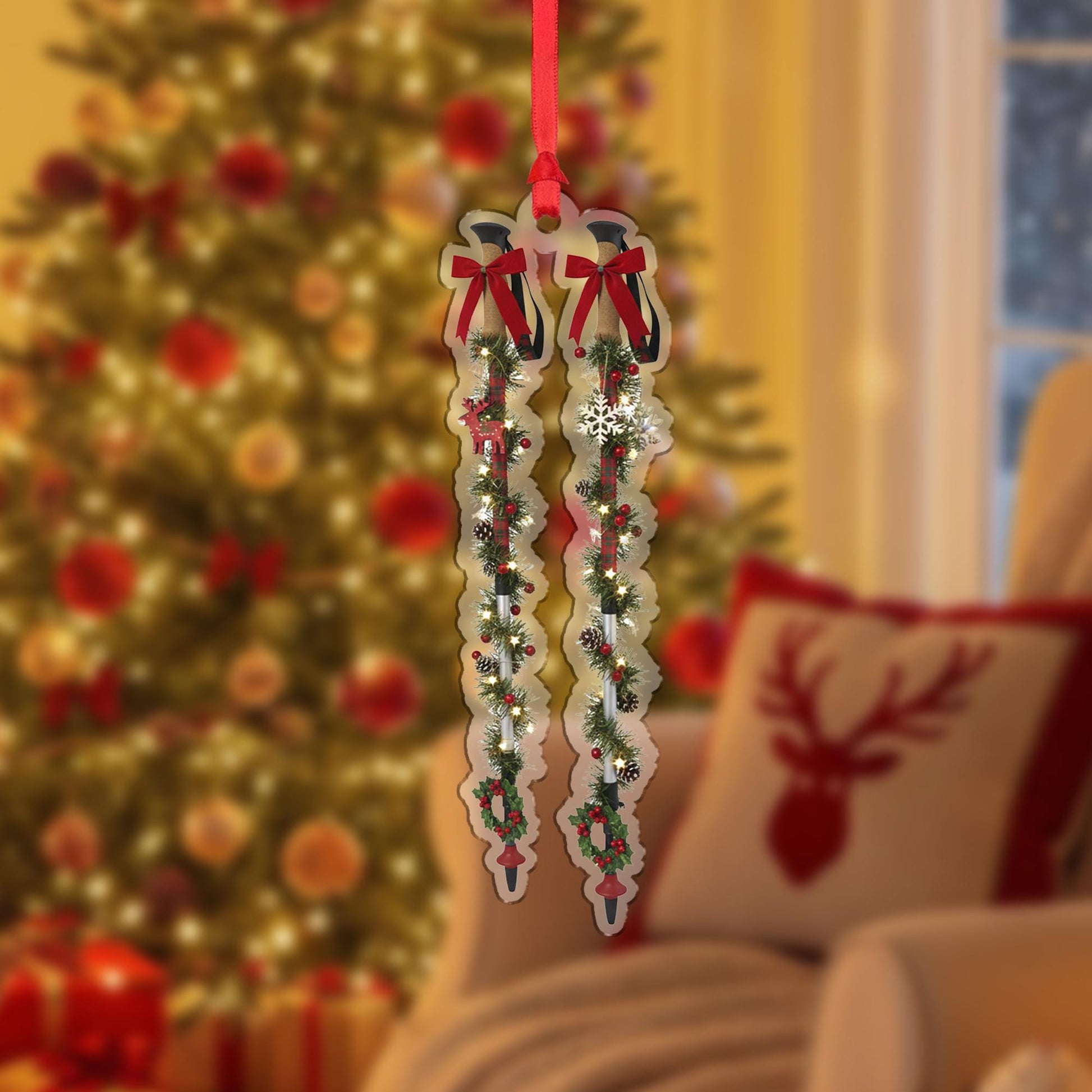 Ski Christmas Ornament – Garland with Bows and Snowflakes Tree Decoration