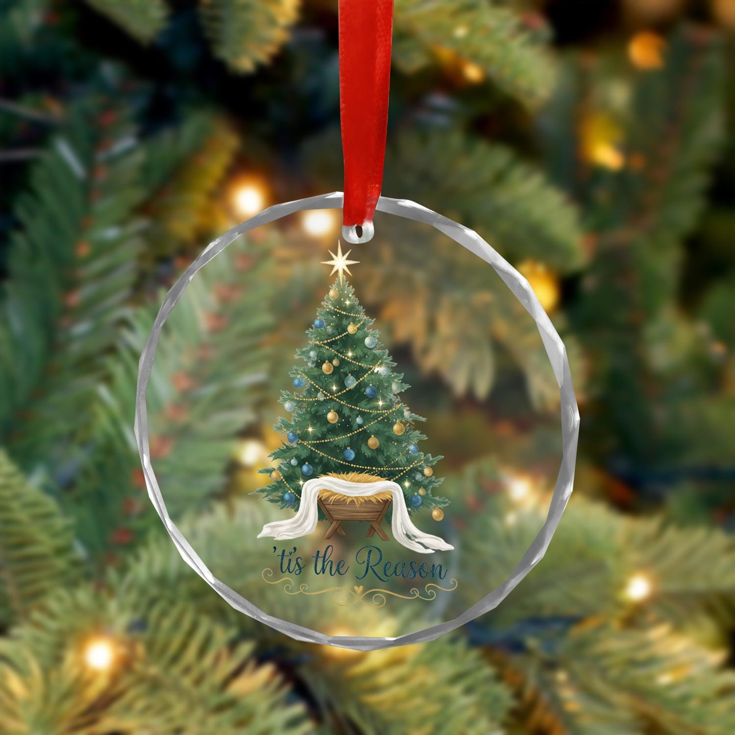 Christian Glass Christmas Ornament – Nativity Manger with Tree ‘Tis the Reason Religious Holiday Decoration