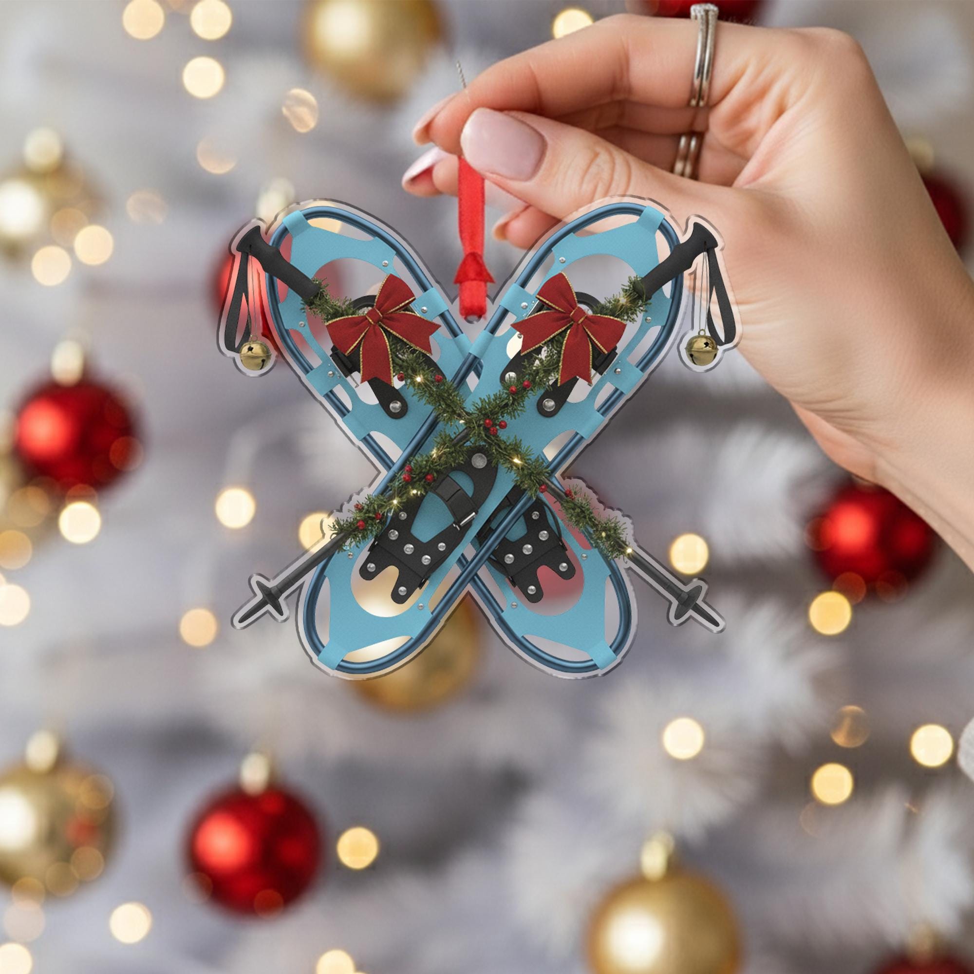 Snowshoe Christmas Ornament – Crossed Snowshoes with Garland and Bows Decoration