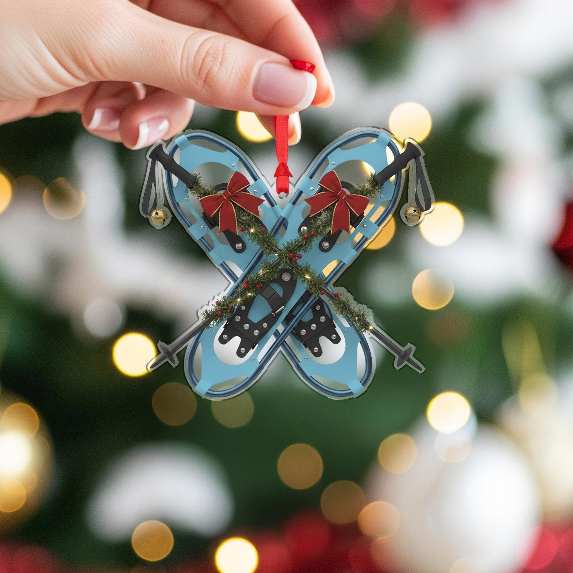 Snowshoe Christmas Ornament – Crossed Snowshoes with Garland and Bows Decoration