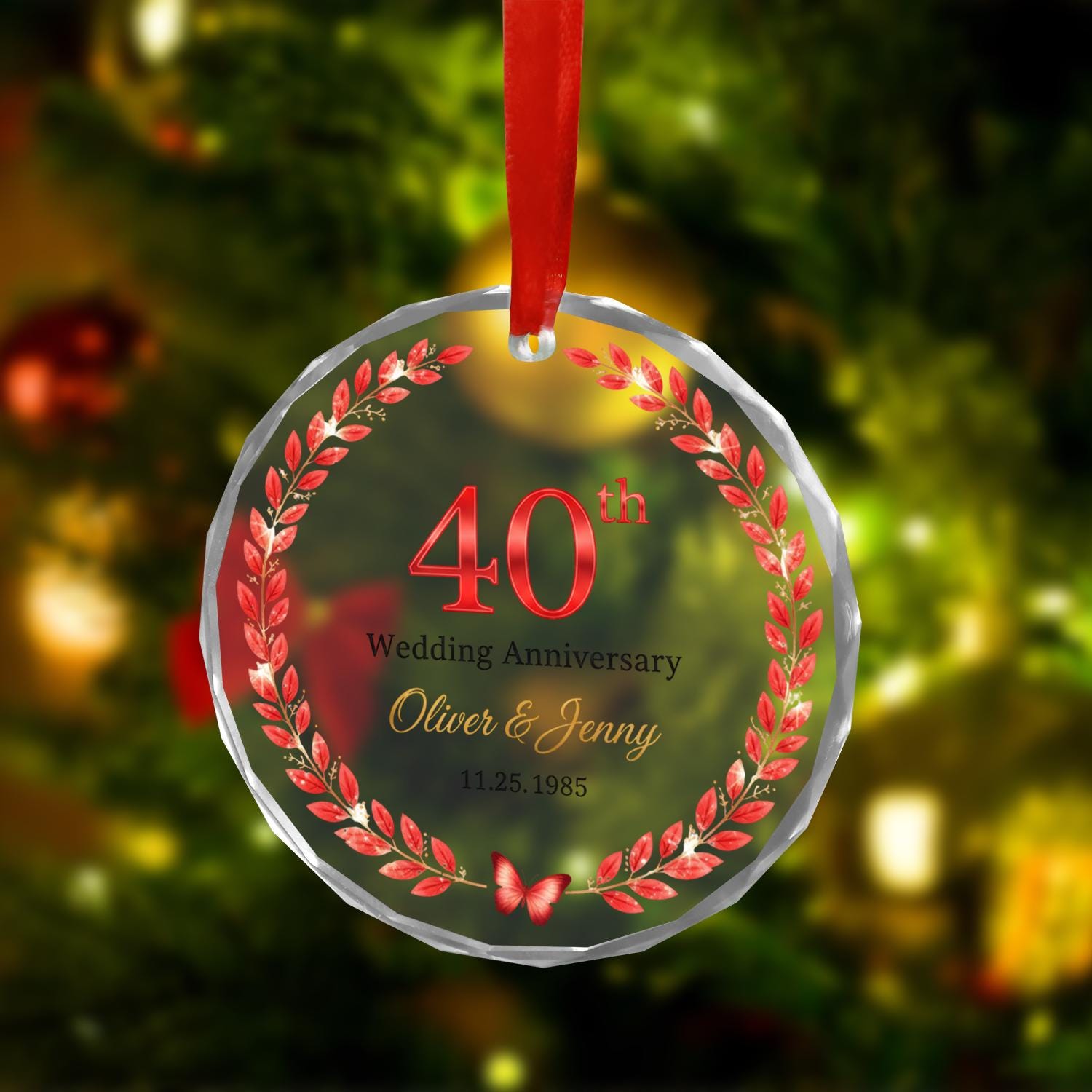 40th Wedding Anniversary Glass Ornament – Personalized Ruby Anniversary Gift with Custom Names & Date