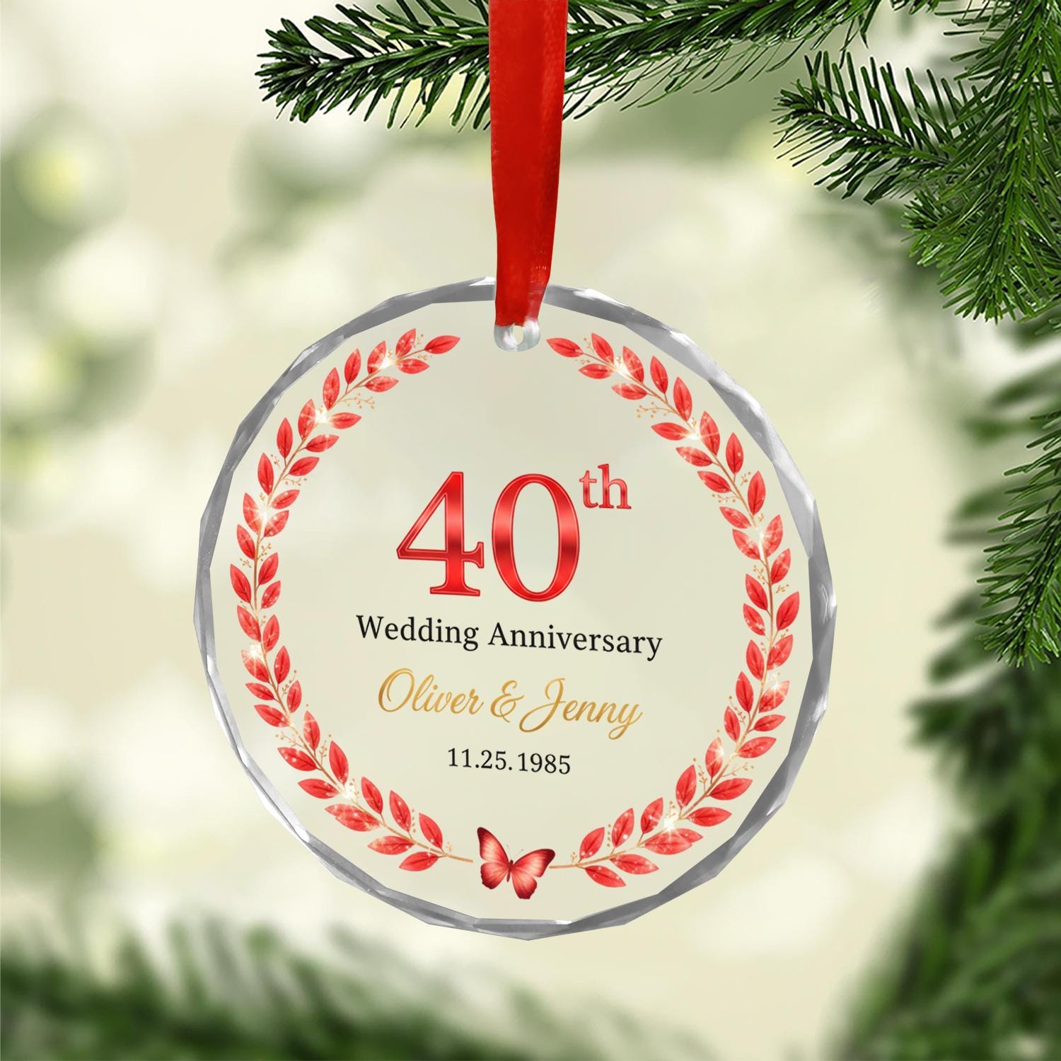 40th Wedding Anniversary Glass Ornament – Personalized Ruby Anniversary Gift with Custom Names & Date