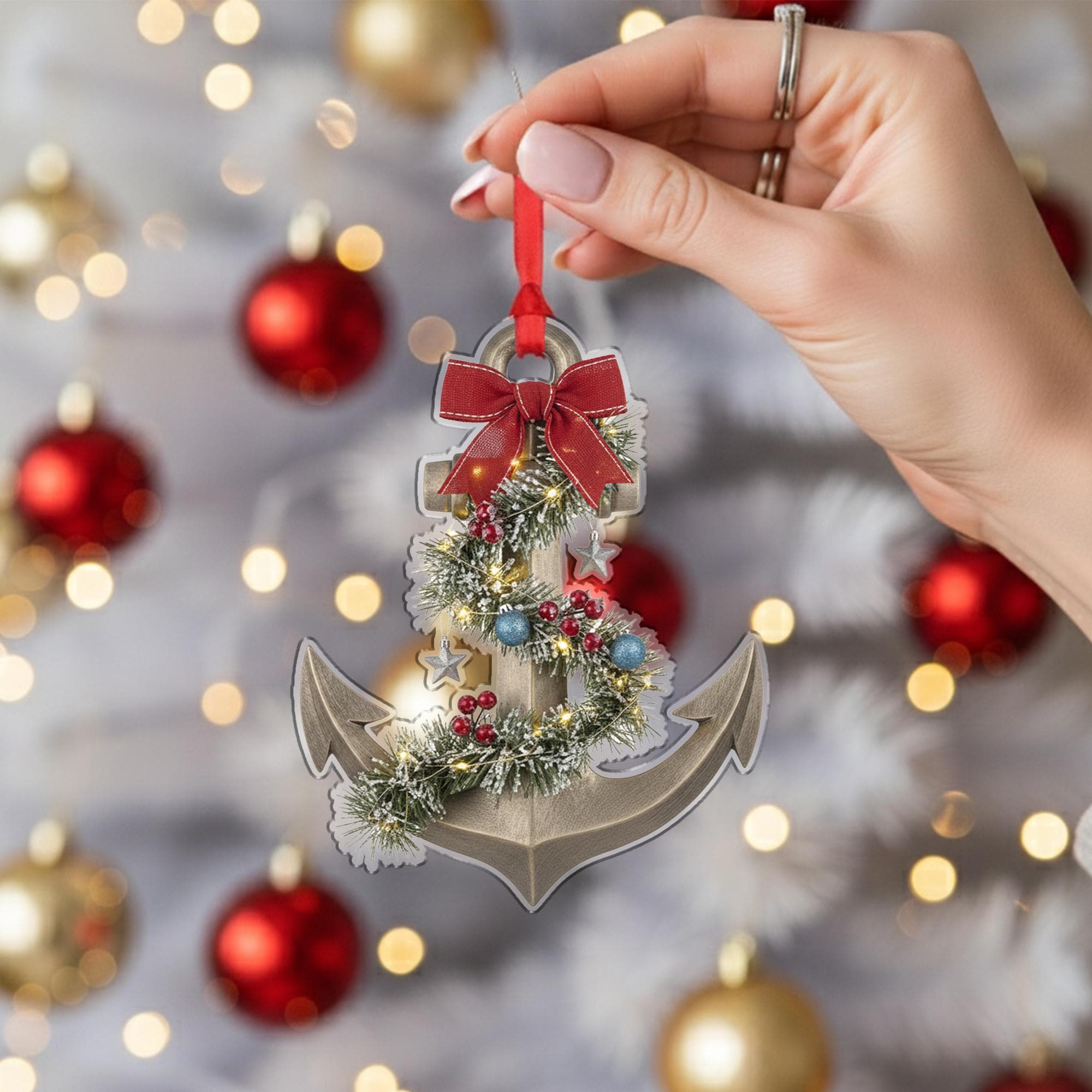 Anchor Christmas Ornament – Nautical Tree Decoration with Garland and Bow