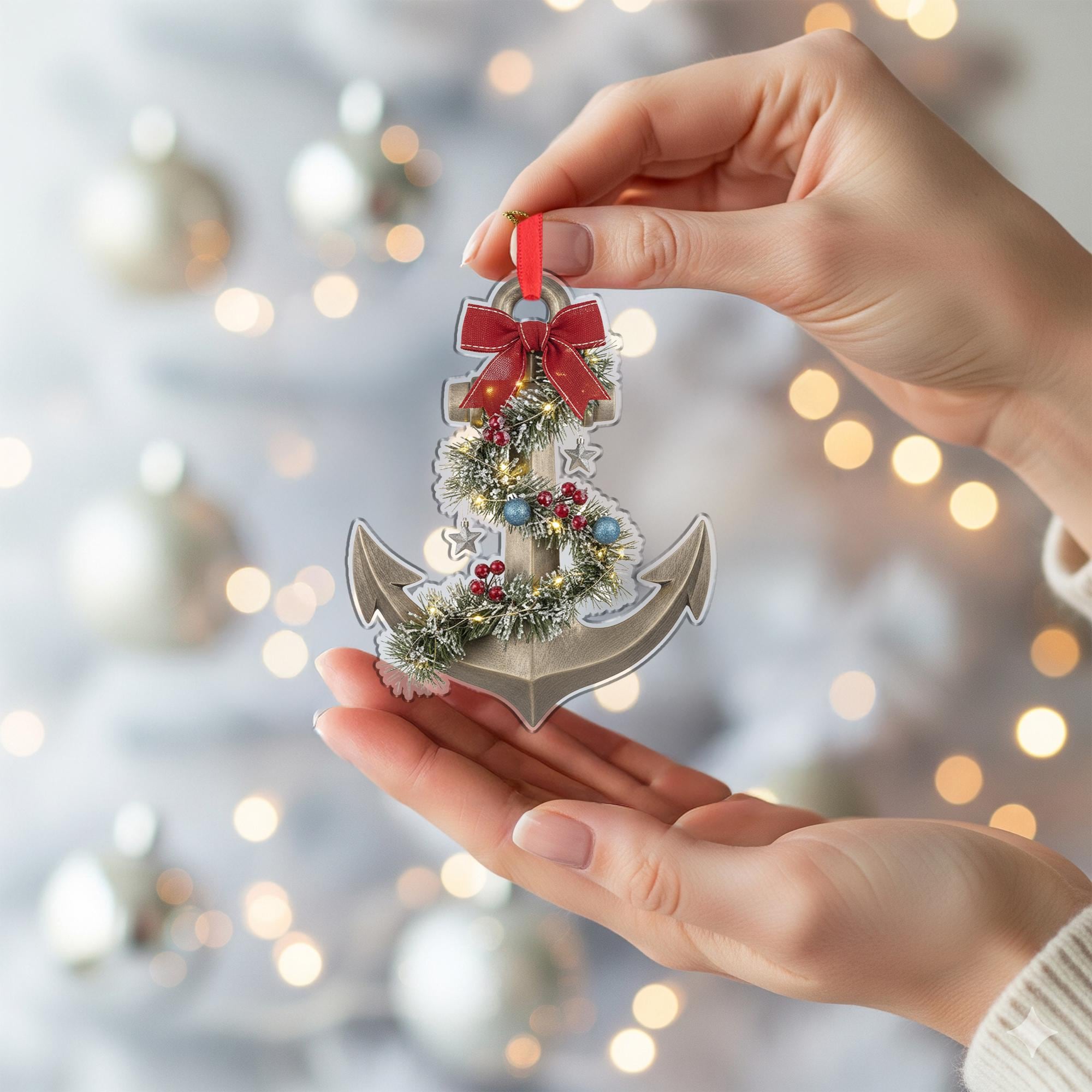 Anchor Christmas Ornament – Nautical Tree Decoration with Garland and Bow