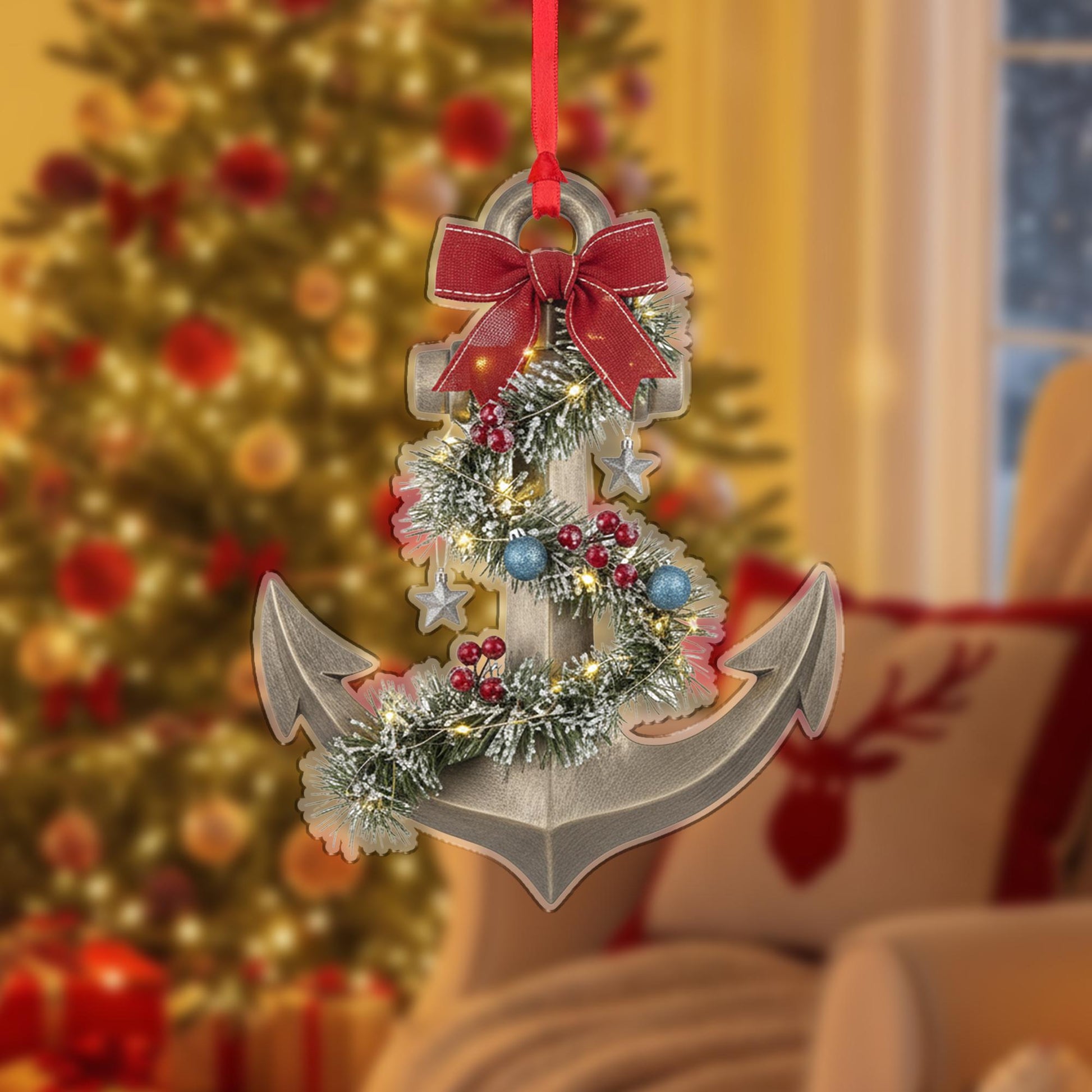 Anchor Christmas Ornament – Nautical Tree Decoration with Garland and Bow