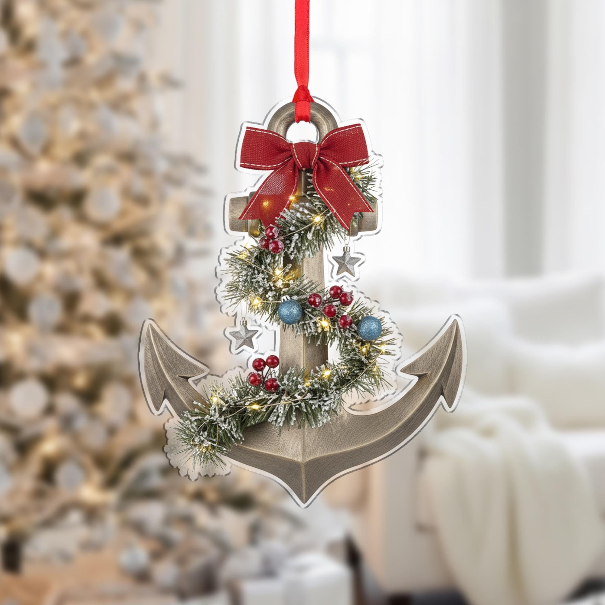 Anchor Christmas Ornament – Nautical Tree Decoration with Garland and Bow