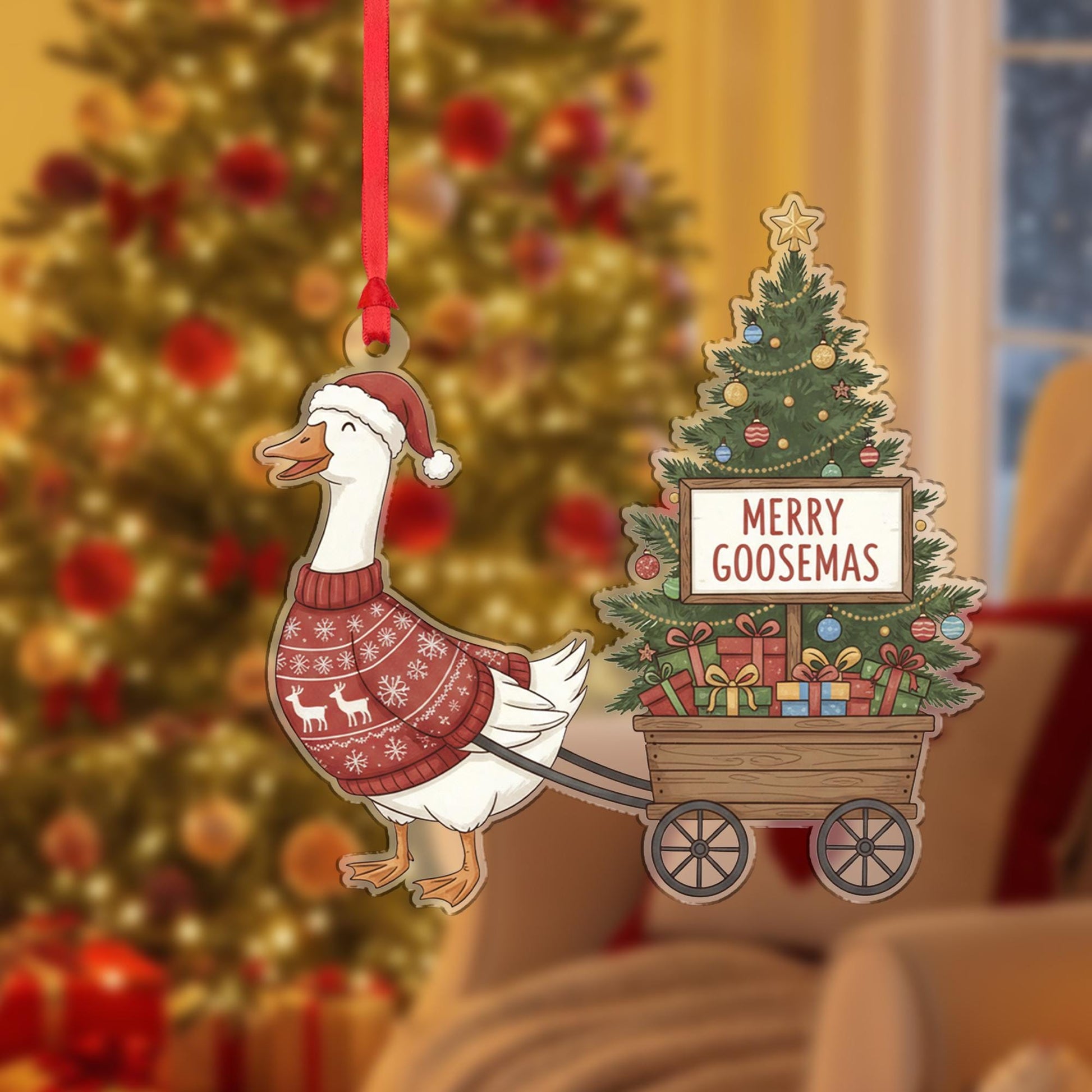 Goose Christmas Ornament – Holiday Tree Decoration with Sweater and Wagon