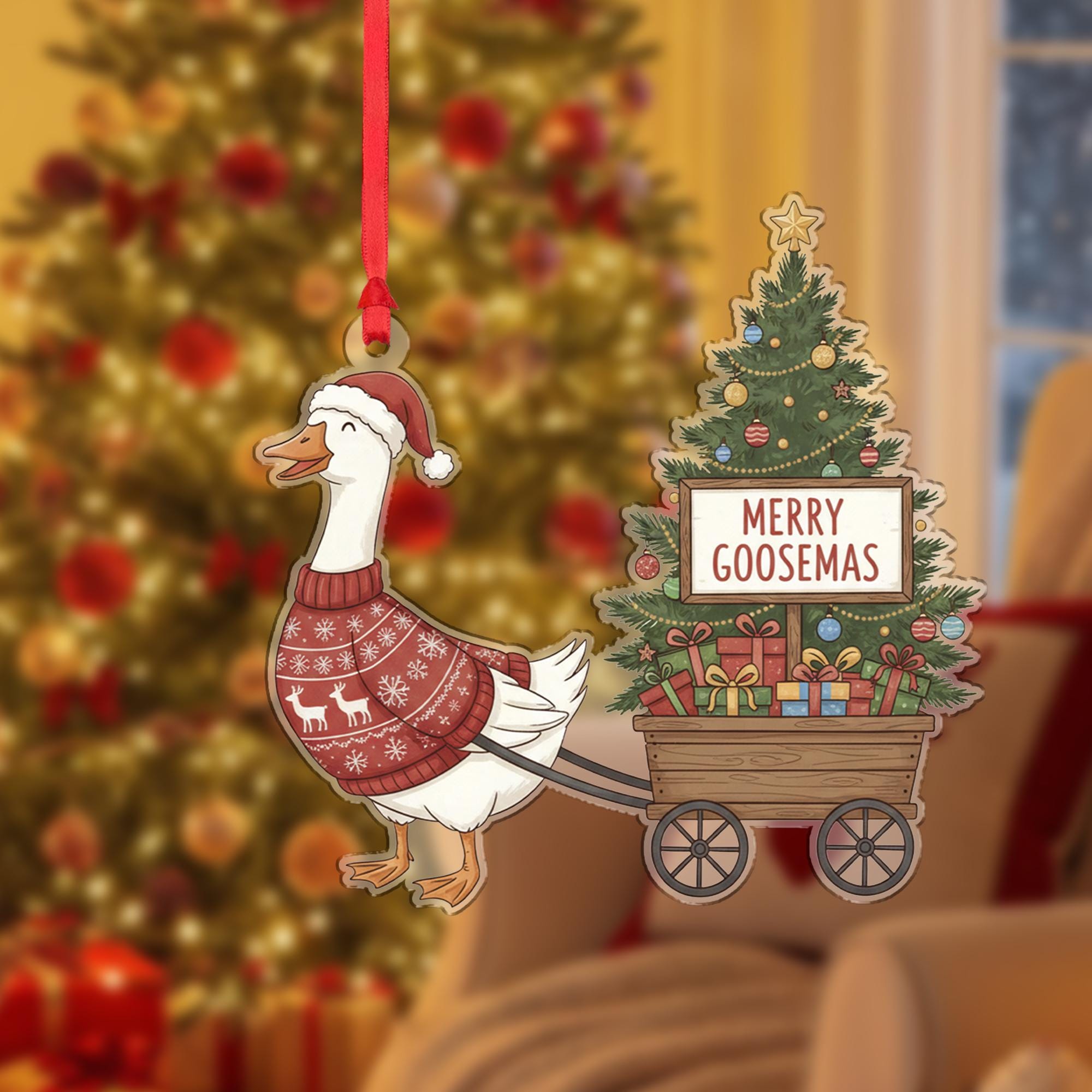 Goose Christmas Ornament – Holiday Tree Decoration with Sweater and Wagon