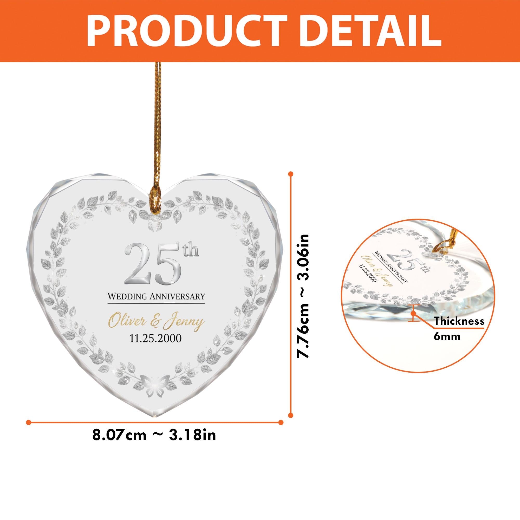 Personalized Glass Ornament – Heart Shaped 25th Wedding Anniversary Decoration with Custom Names and Date