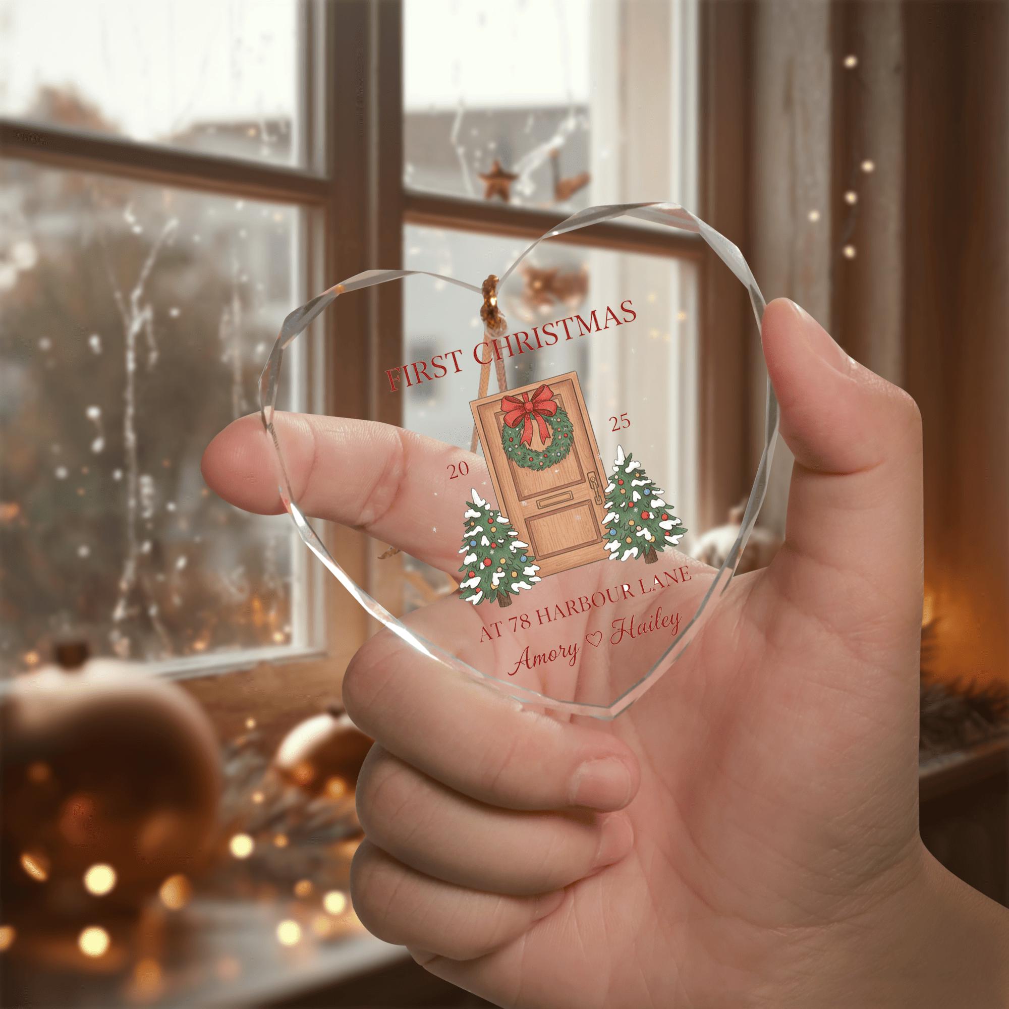 Personalized Glass Ornament – Heart Shaped First Christmas Decoration with Custom Address and Names