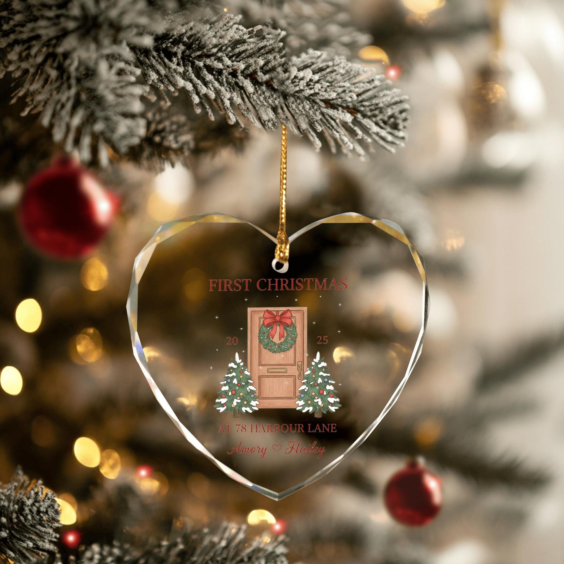 Personalized Glass Ornament – Heart Shaped First Christmas Decoration with Custom Address and Names