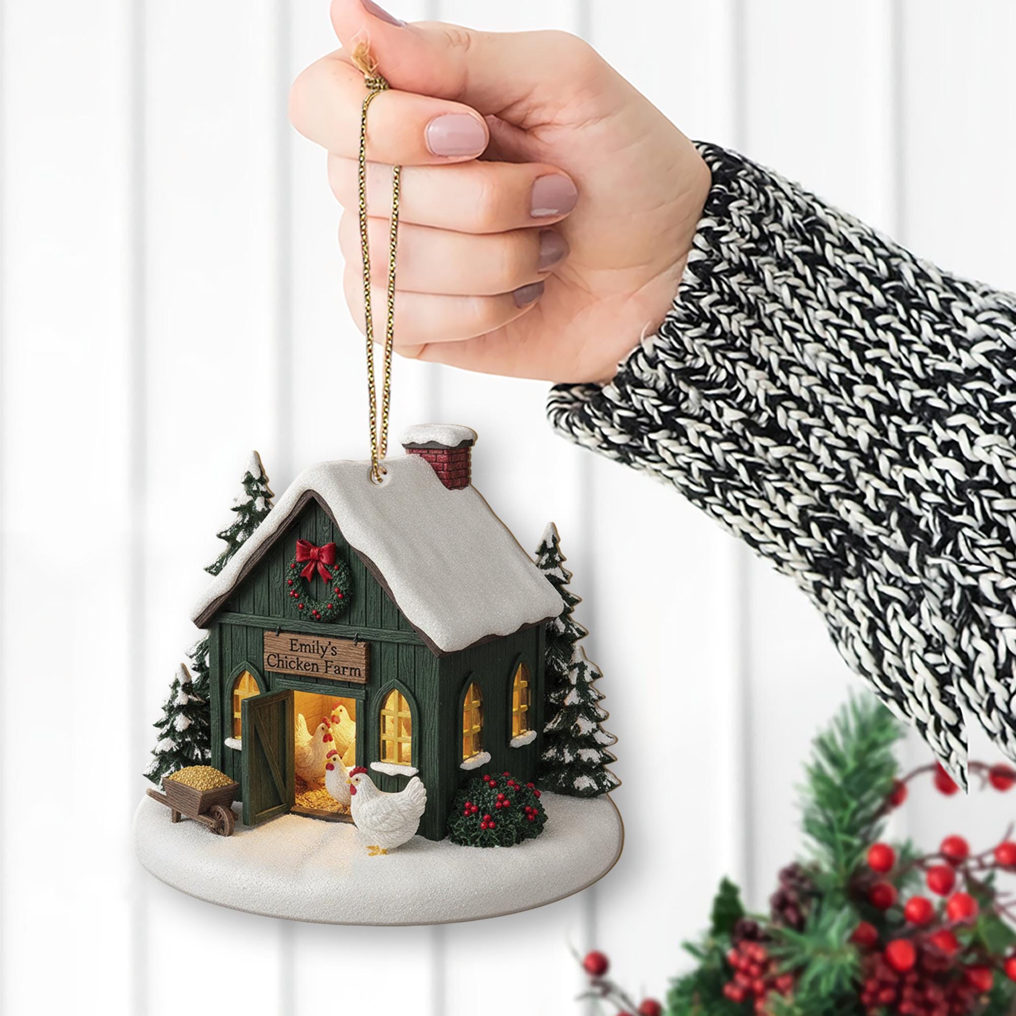 Personalized Chicken Farm Christmas Ornament – Rustic Barn Holiday Decor