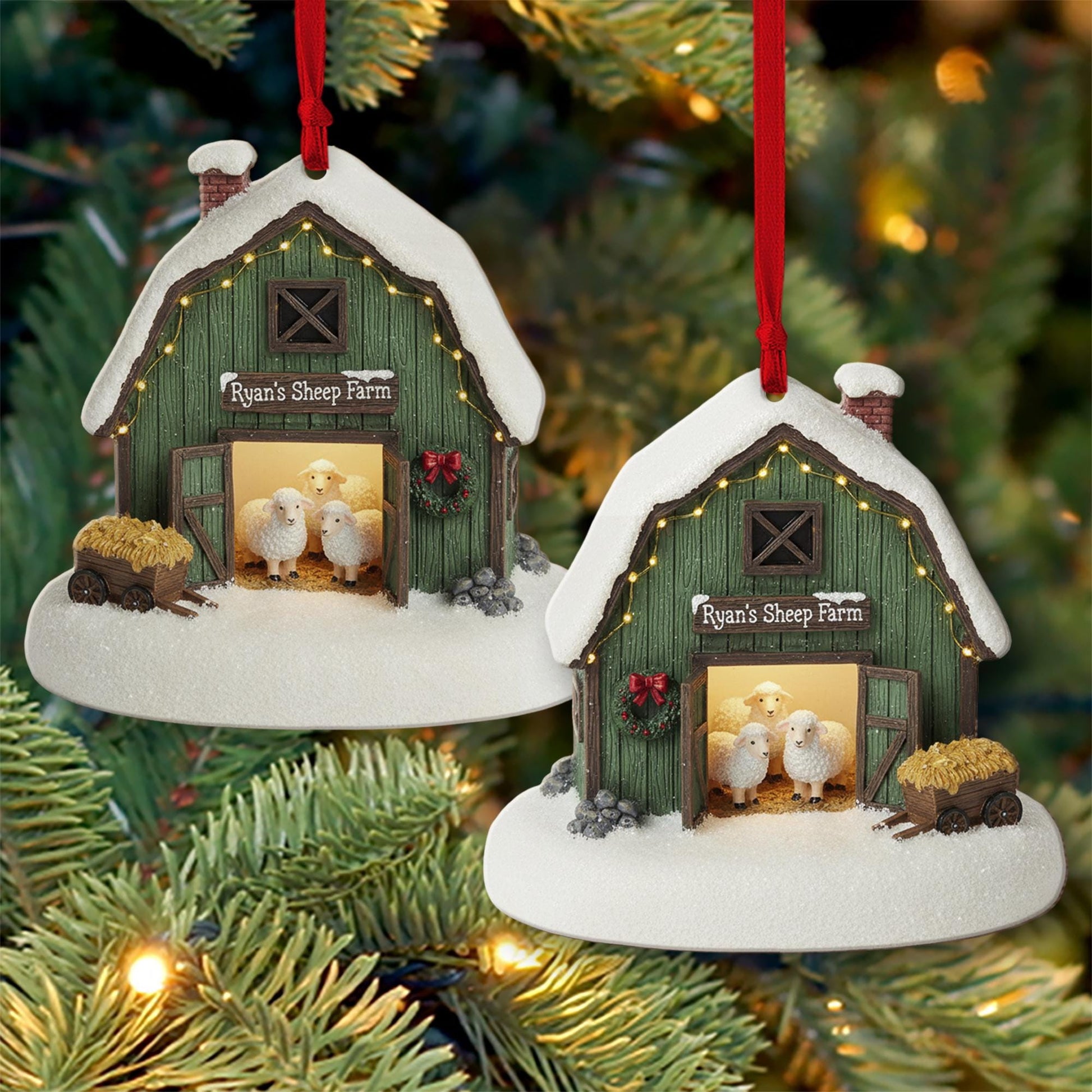 Personalized Sheep Farm Christmas Ornament – Rustic Barn Holiday Decor